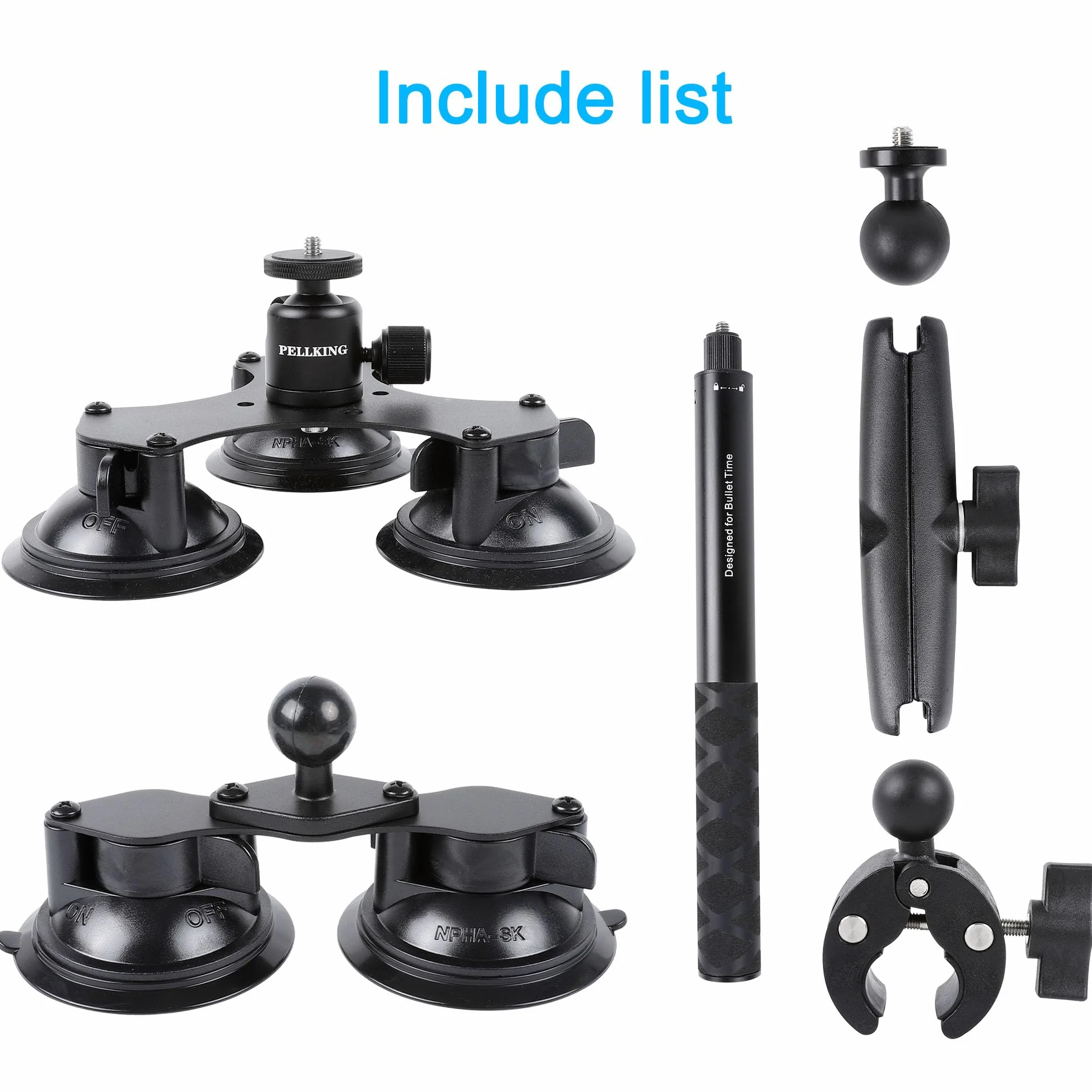 PellKing Uchwyt samochodowy z przyssawką do Insta360 x 5, x4, x3, x2, x, One RS, R, kompatybilny z kamerą GoPro Max DJI OSMO 360 5 w 1, zestaw montażowy do kamer sportowych (zawiera kij do selfie