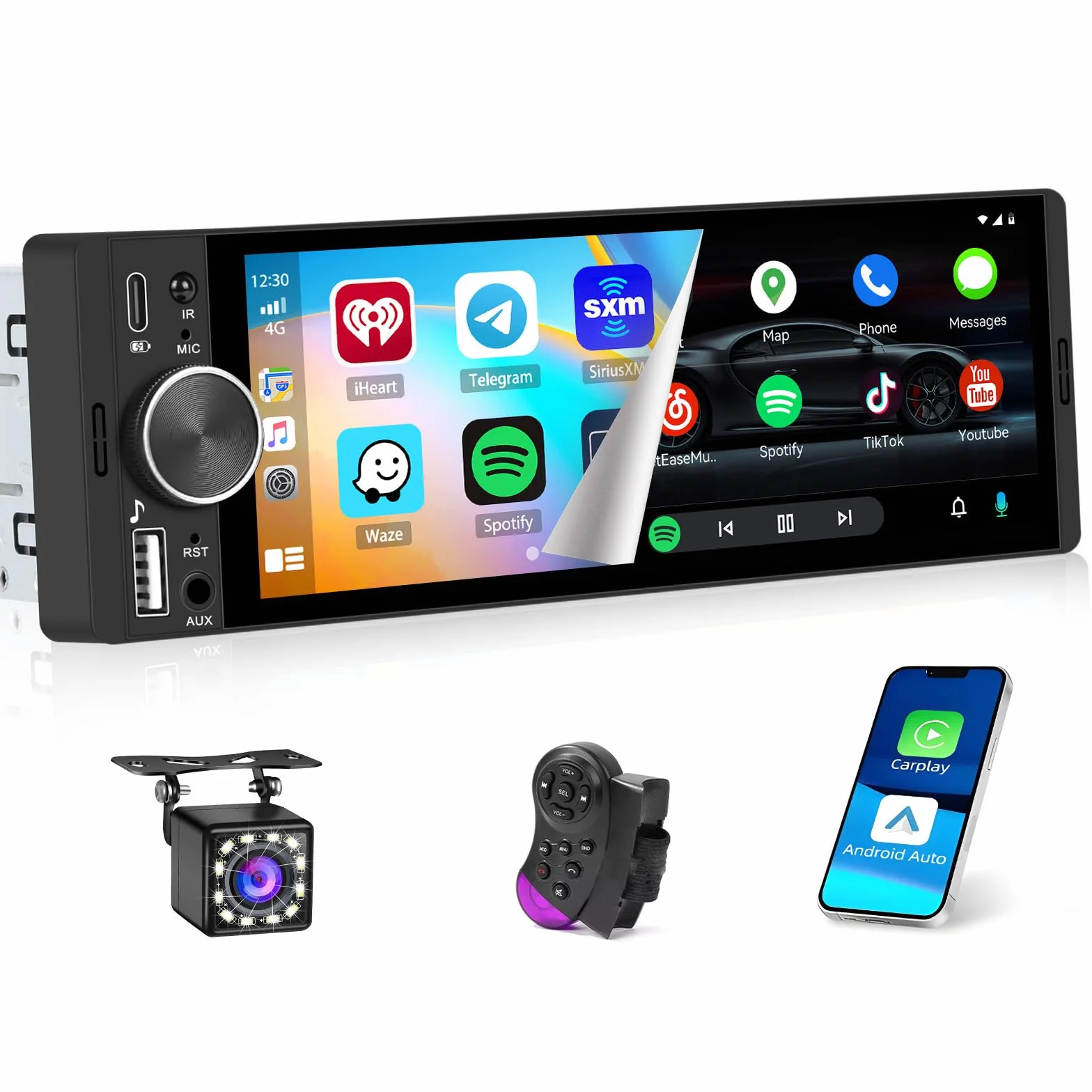 Hikity Radio samochodowe Bluetooth 1 DIN z bezprzewodowym Carplay Android Auto, 1 Din Radio z ekranem dotykowym 6,28", Lien Miroir, radio FM, typ C, 2USB, SWC, EQ, kamera cofania, MIC
