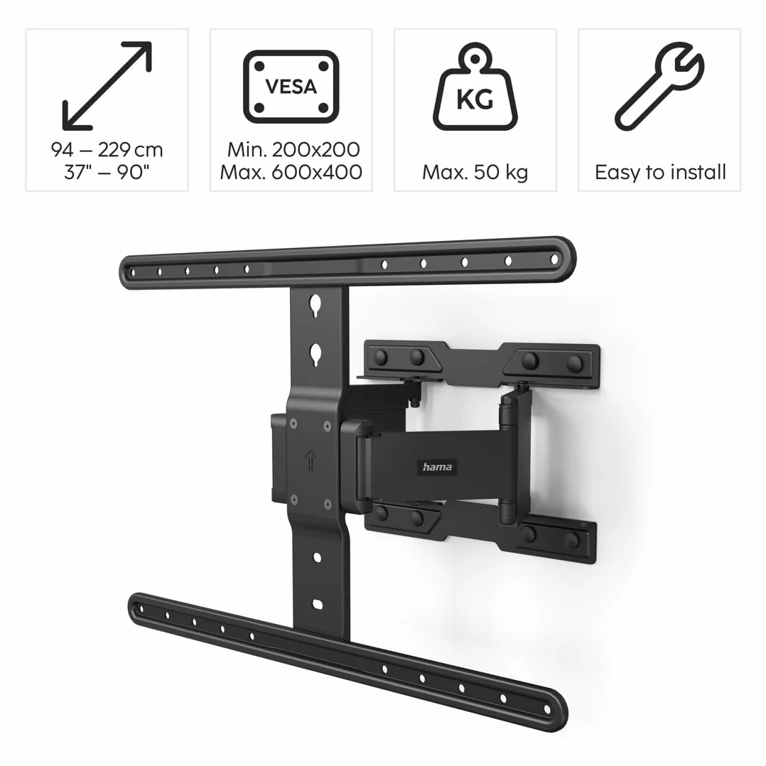 Hama Uchwyt Ścienny do TV LCD/LED, Ruchomy, Fullmotion, Regulacja Kąta Widzenia, System Prowadzenia Kabli, do 90 Cali, VESA 600x400, Czarny