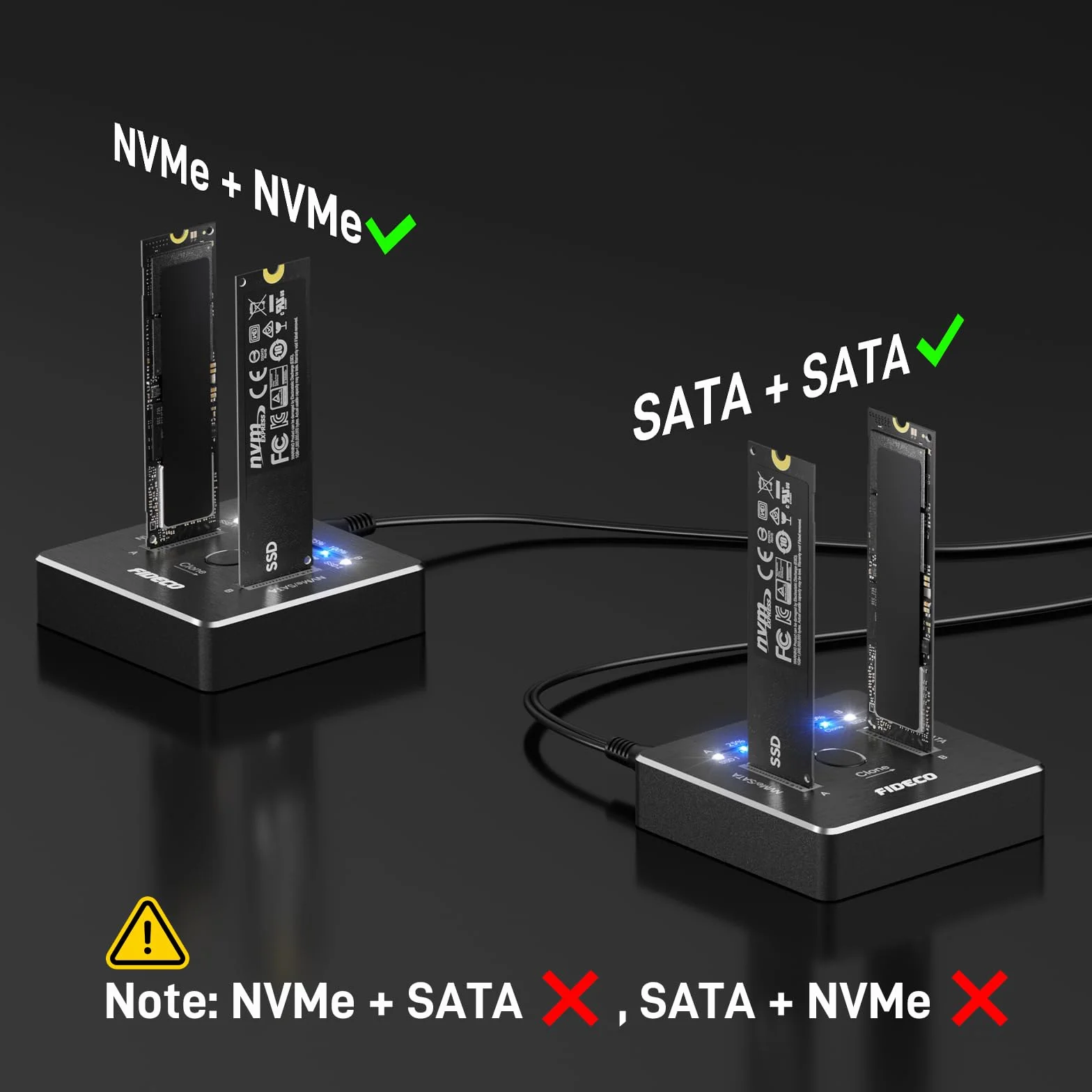 FIDECO Stacja dokująca M.2 NVMe SATA SSD, USB 3.2 Gen 2, podwójna stacja dokująca NVMe SATA SSD 20 Gb/s, obsługa klonu offline, UASP i TRIM, aluminiowa konstrukcja