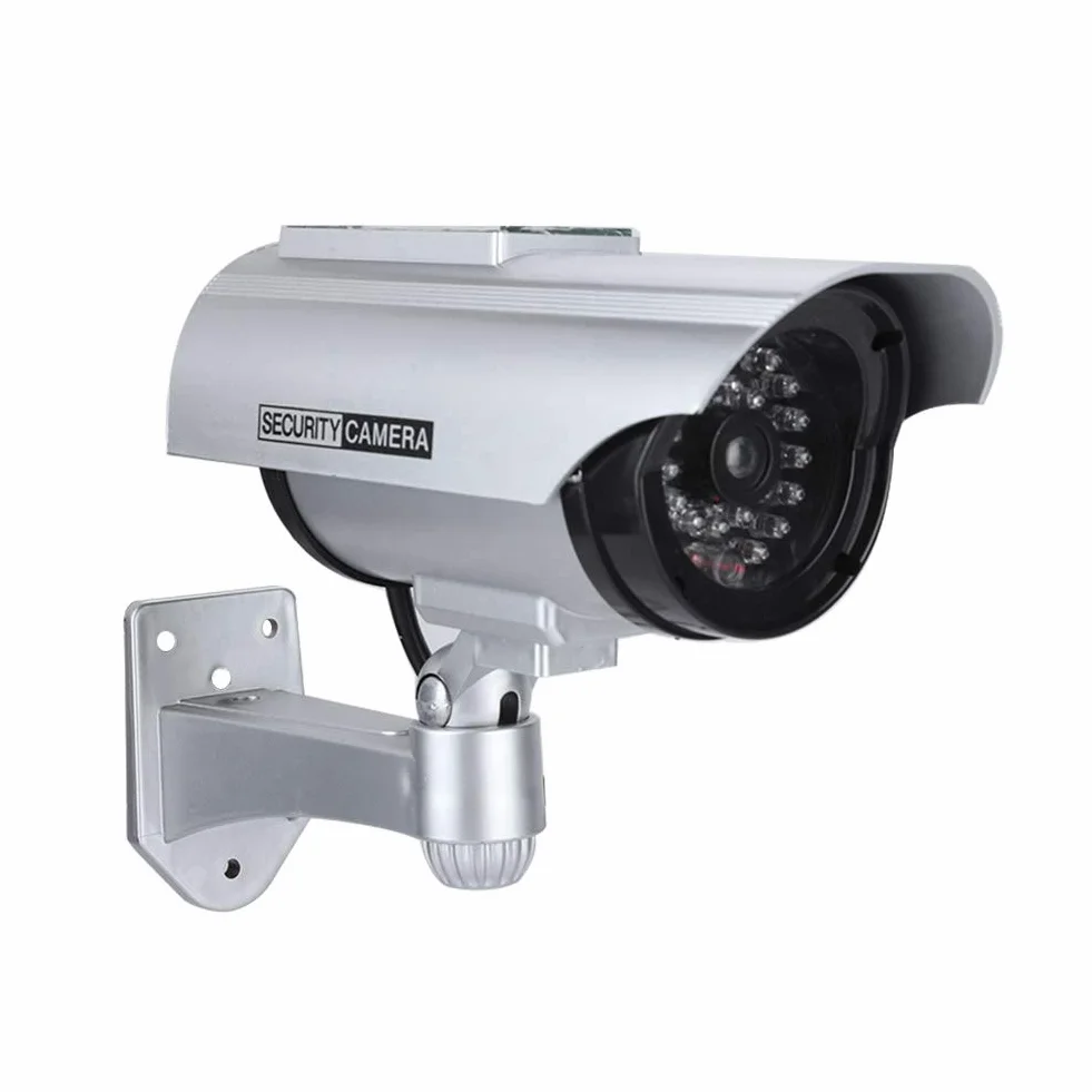 Atrapa kamery do wewnątrz/na zewnątrz, kamera do monitoringu z czerwoną migającą diodą LED (srebrna)