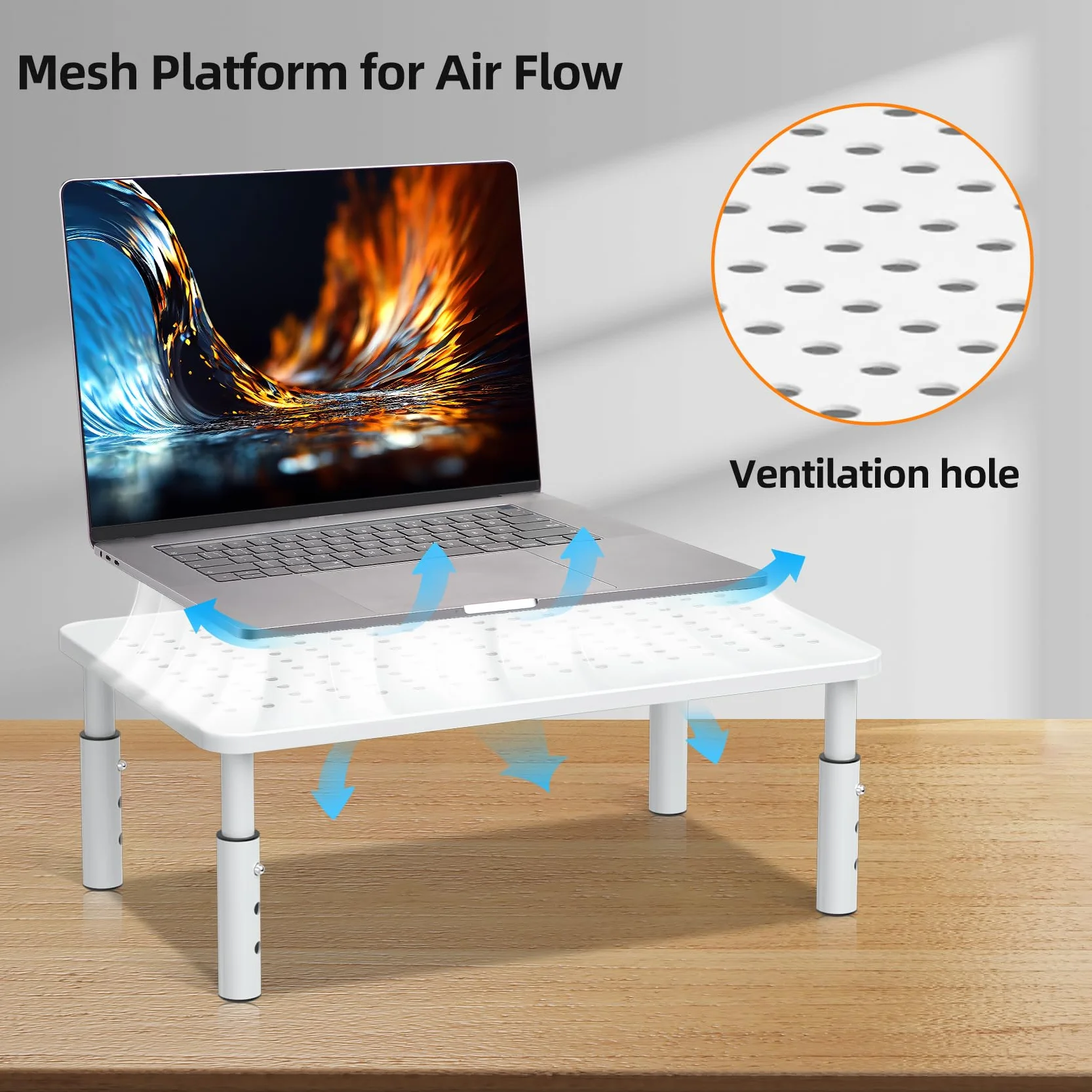 Bracwiser Stojak na monitor 3 Stojak na monitor o regulowanej wysokości z platformą z otworami na siatkę do laptopów, komputerów, PC, drukarek, projektorów do 20 kg, biały MST003W
