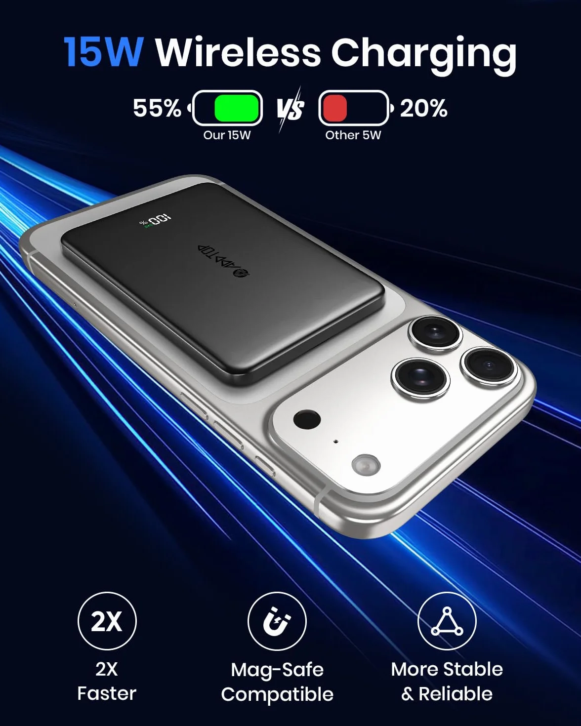 A ADDTOP Magnetyczna przenośna ładowarka 5000 mAh – ultracienki 15 W, bezprzewodowy powerbank z USB C, wł./wył. – PD 20 W akumulator do szybkiego ładowania do telefonu 16/15/14/13/12 Watch