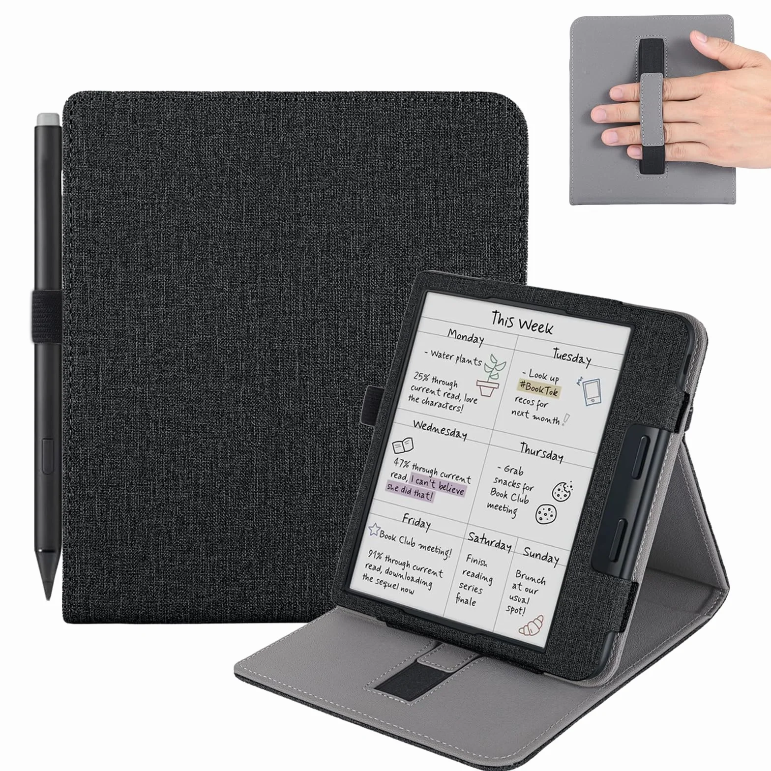 Etui do Kobo Libra 2/Libra Colour z paskiem na rękę, etui z funkcją uśpienia do Tolino Vision 6/Tolino Vision Color z uchwytem na długopis, czarne