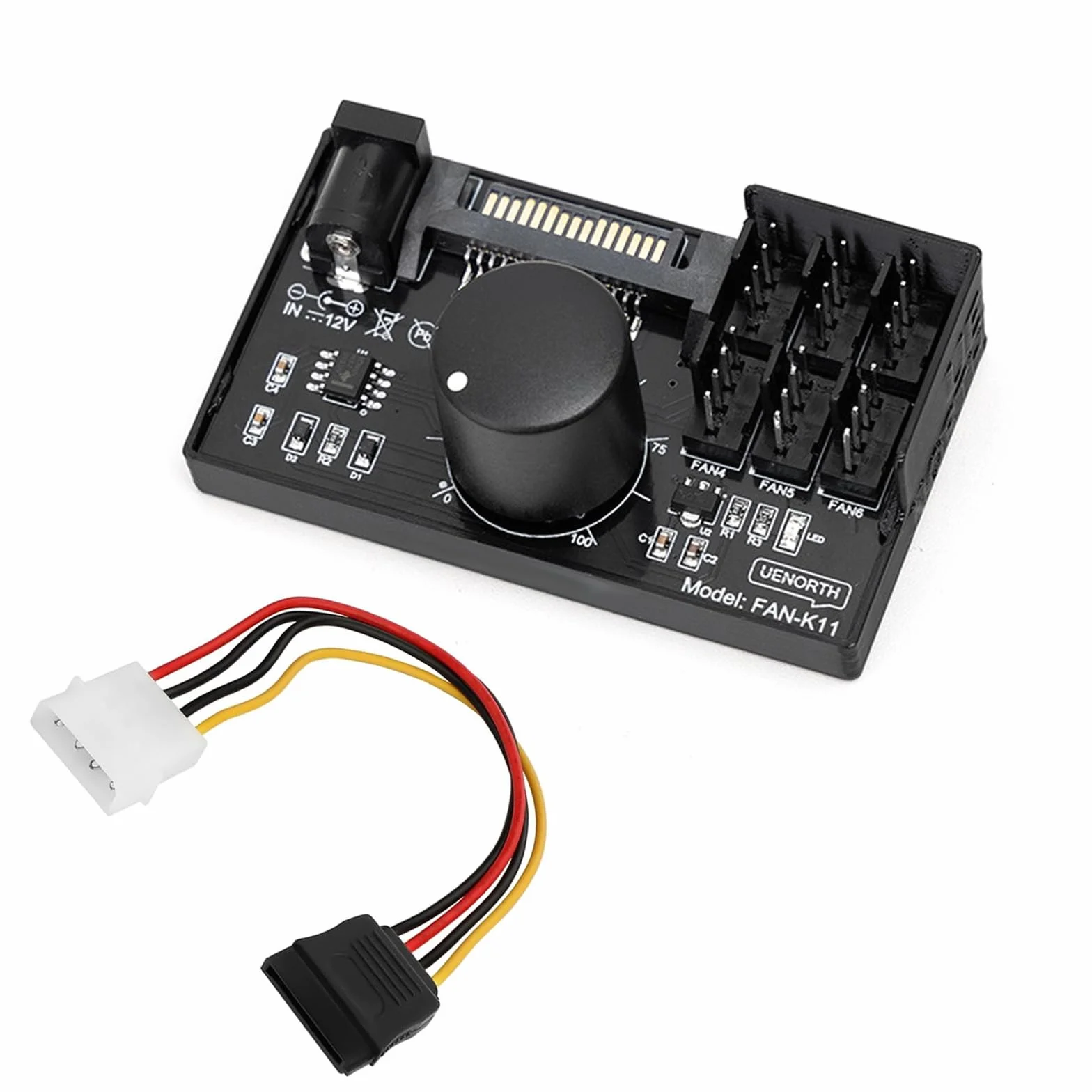 12 V 4-pinowy regulator prędkości wentylatora, koncentrator wentylatora PC ze złączami SATA i DC, koncentrator wentylatora PC ze złączami SATA i DC 5525, obsługuje 6 wentylatorów, maks. 60 W, wyjście