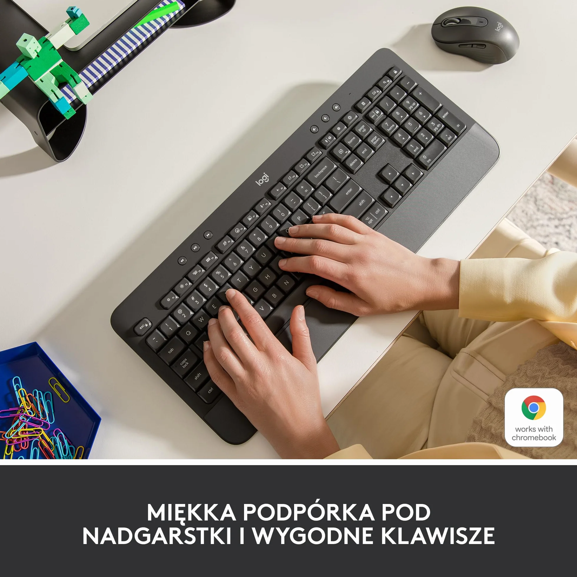 Logitech Signature K650 Klawiatura, Pełnowymiarowa, Bezprzewodowa Klawiatura z Podkładką, Bluetooth i USB Logi Bolt, Amortyzowane Klawisze, PC, Windows i Mac, QWERTY US international - Szary