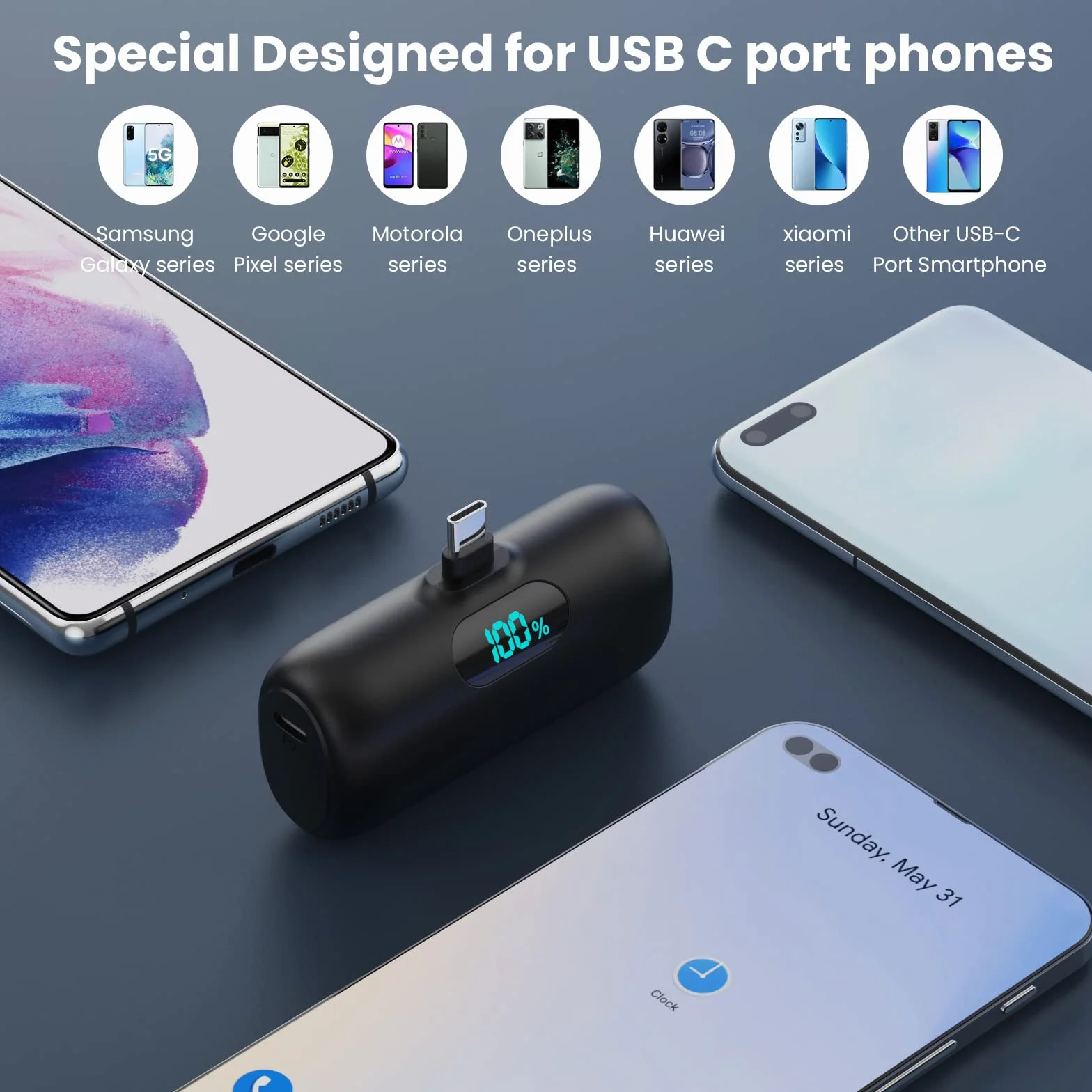 Mini Power Bank USB C 5000 mAh, powerbank, mały, ale mocny, 20 W, PD 3.0, szybkie ładowanie, przenośny, zewnętrzny akumulator z wyświetlaczem LED, kompatybilny z iPhone 17/16/15, Samsung S25/24 itp