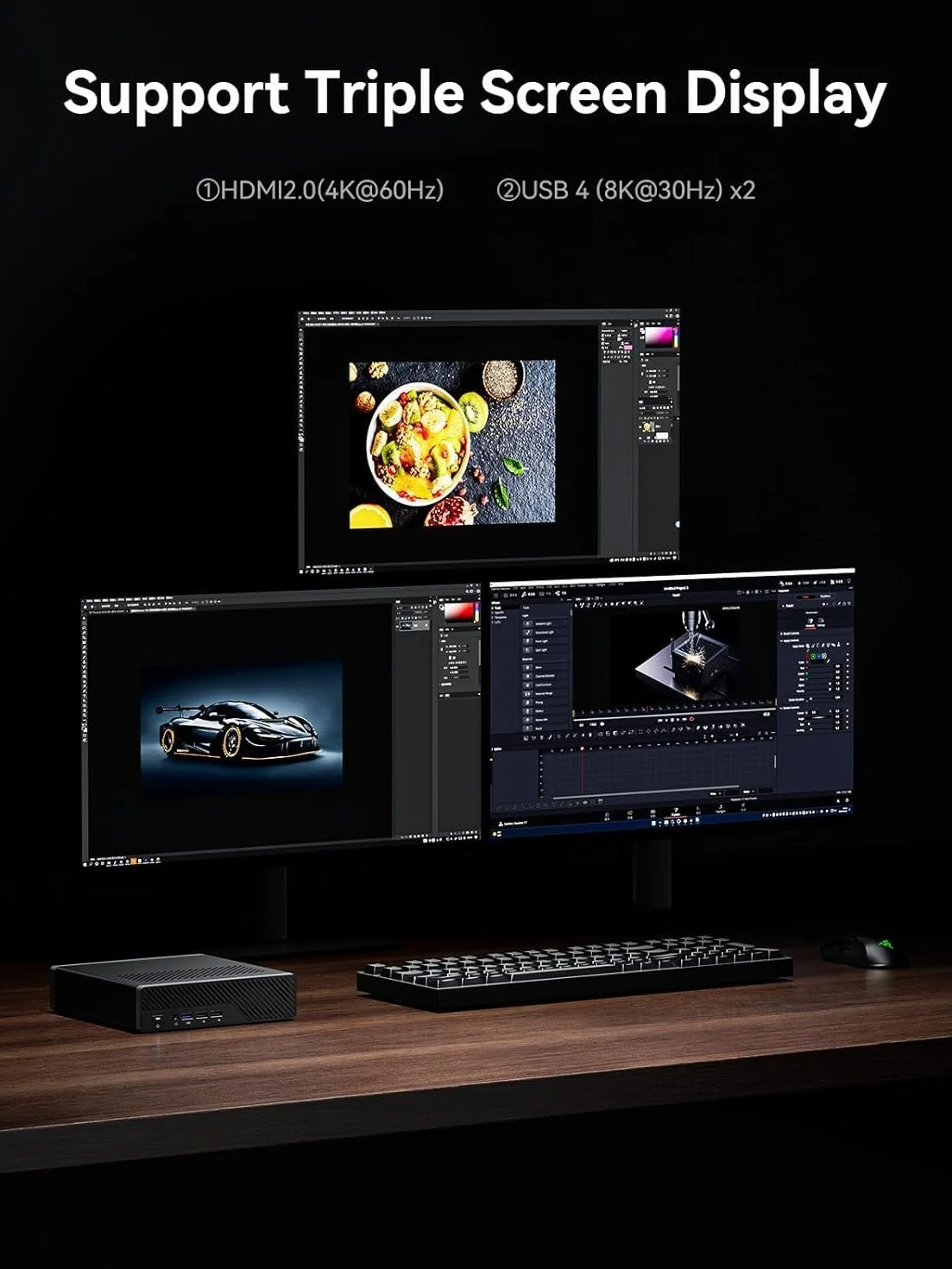 MINISFORUM MS-01 Mini Workstation, Intel Core i9-13900H (14 C/20 T, do 5,4 GHz), 64 GB DDR5, Dysk SSD 1 TB, Intel vPro, 2× SFP+ 10 Gb/s, 2× RJ45 2,5G, 2× USB4, HDMI, PCIe 4.0 x16, 3× Dysk SSD M.2/U.2