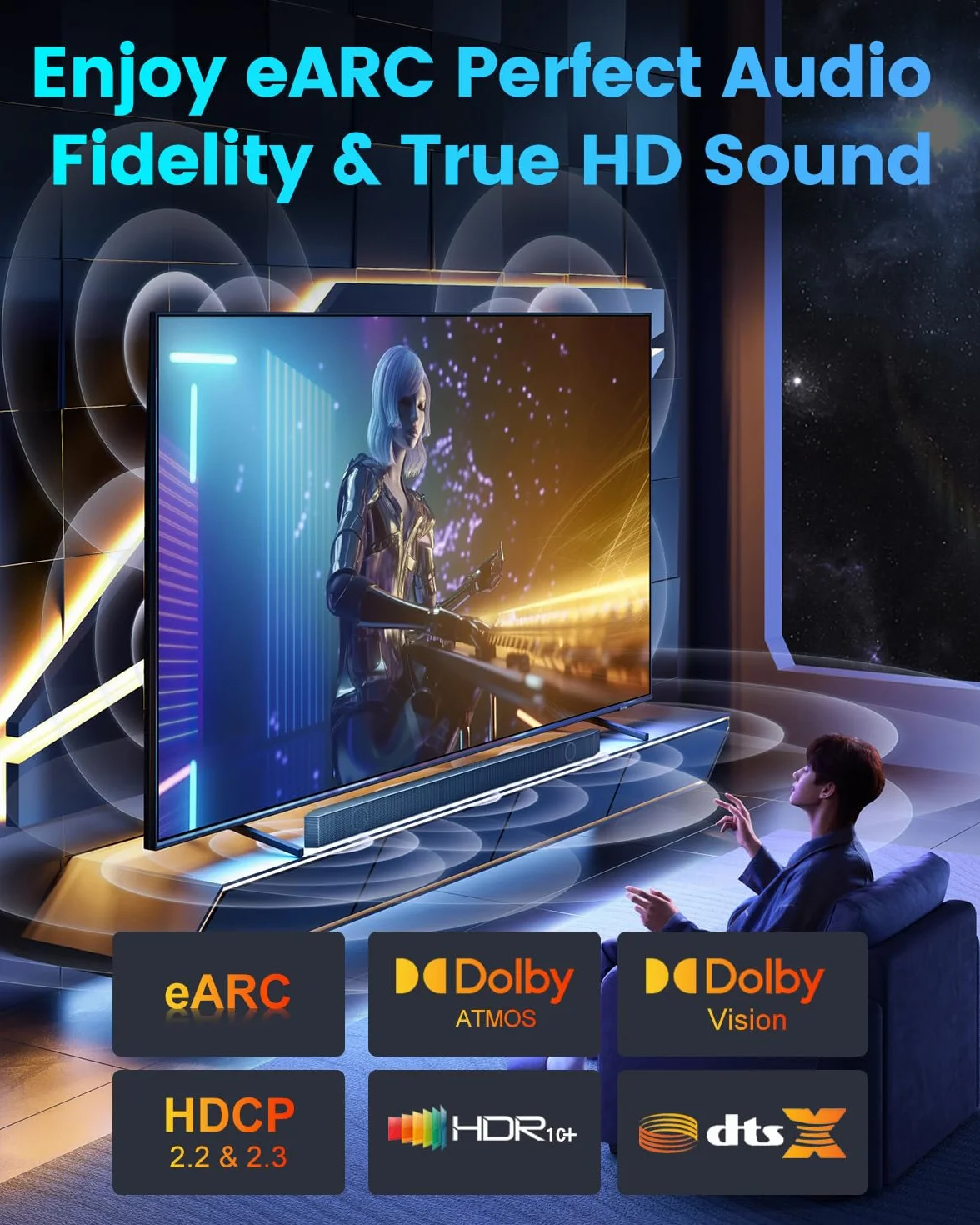 GeoHN.G Kabel światłowodowy 8K HDMI 25 m, 48 Gb/s, Ultra High Speed, długi kabel HDMI 2.1, 8K 60 Hz, 4K 120 Hz/144 Hz, Dolby/Dynamic/HDR10/eARC/HDCP 2.2&2.3/3D, kompatybilny z RTX 3090/PS5/Roku TV