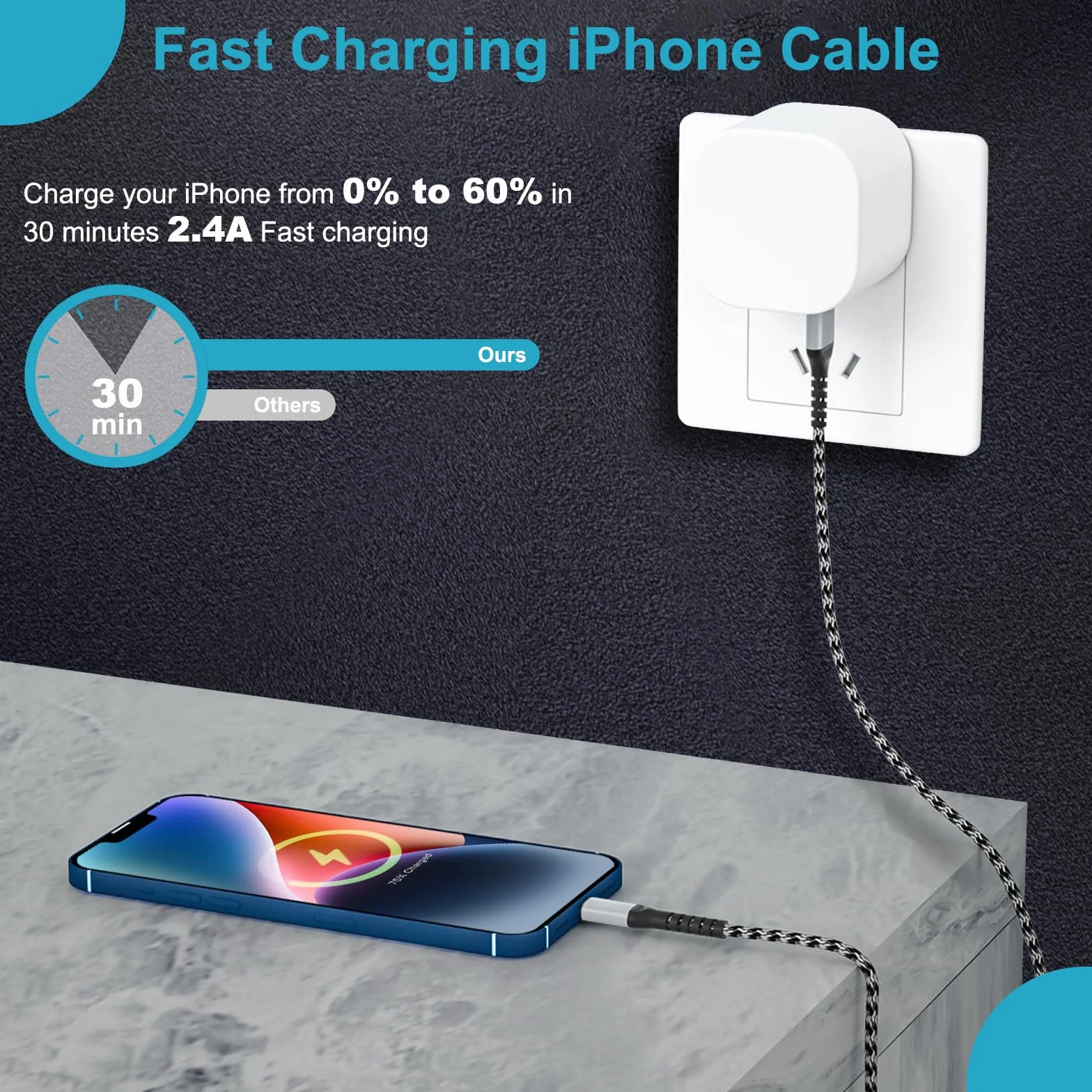Kabel do ładowania iPhone 2 m USB Lightning MFi nylon