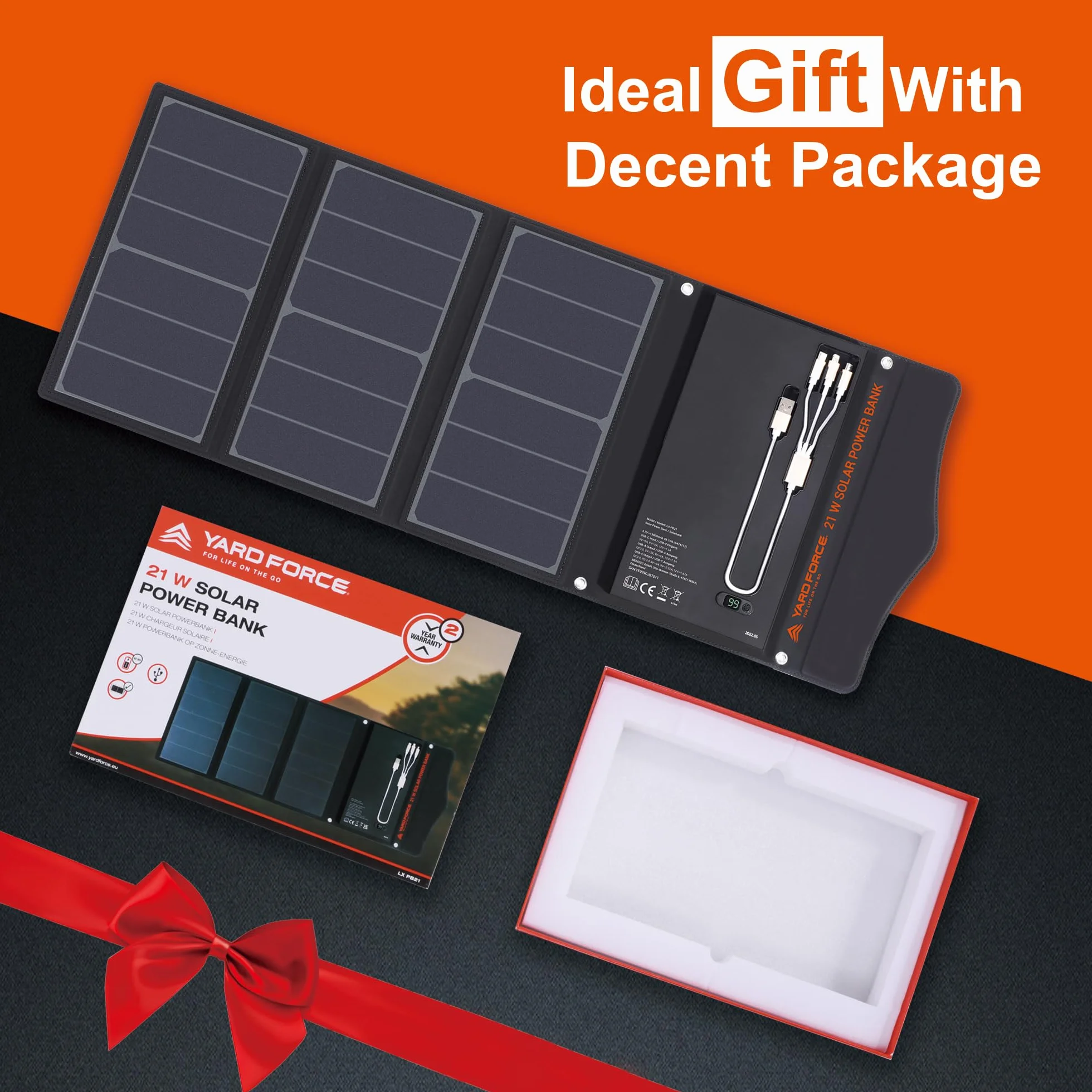 Yard Force Przenośna ładowarka solarna 21 W z 2 portami USB, zintegrowana bateria 13000 mAh, panel słoneczny, cyfrowy wskaźnik baterii – do ładowania urządzeń USB, iPhone, Android, MacBook, LX PB21