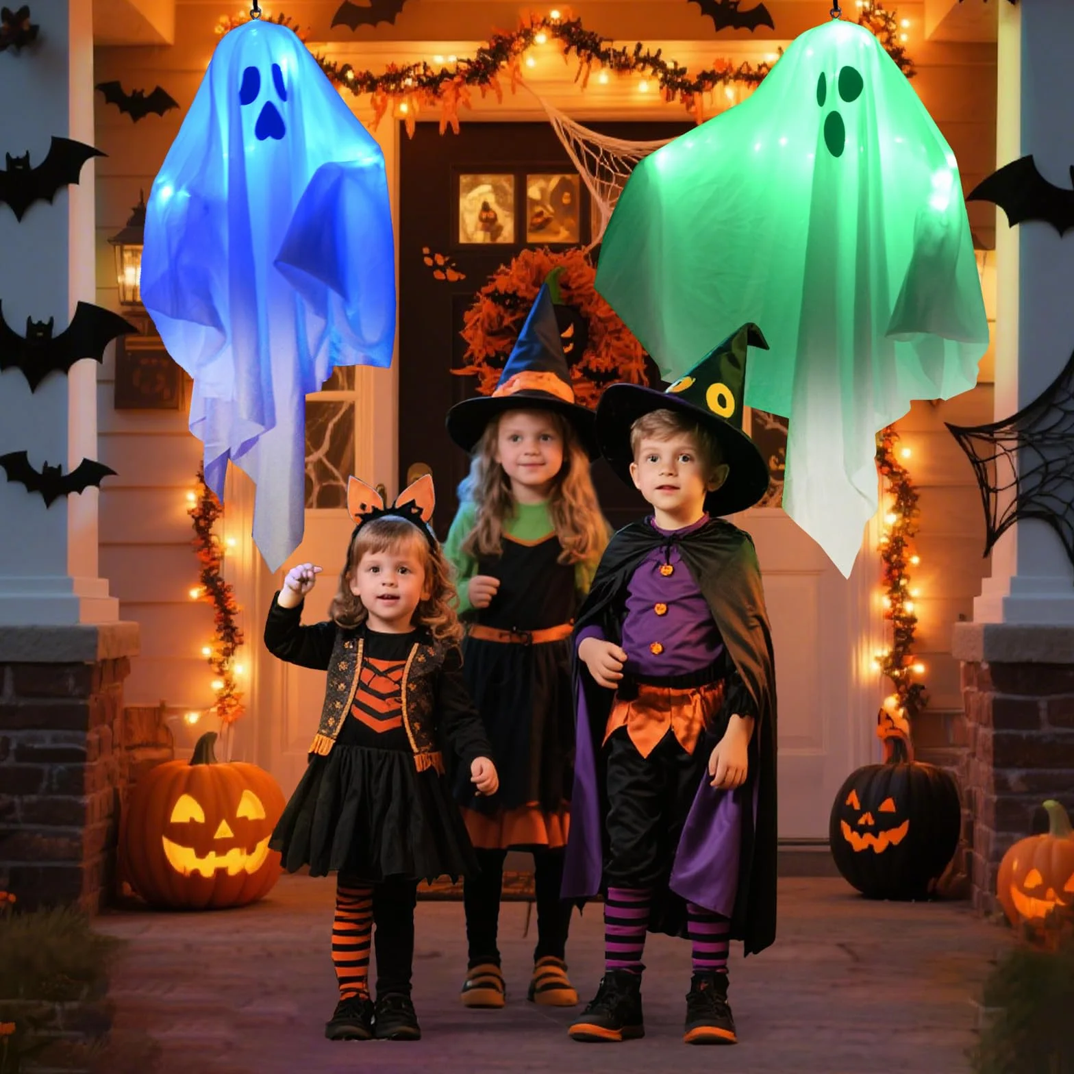 Dekoracyjne duchy LED na Halloween, dekoracja wisząca, 4 sztuki