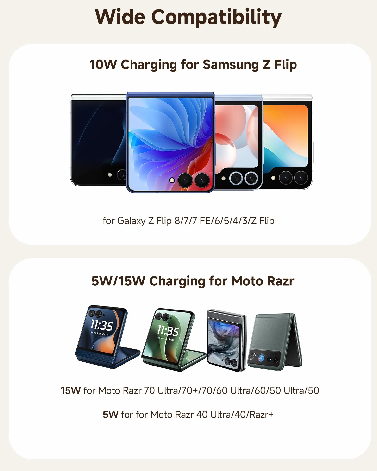 Bezprzewodowa ładowarka dla Samsung Z Galaxy Flip 7, Składana Szybki Podstawka ładująca dla Z Flip 7 FE/6/4/3, Motorola Razr 60 Ultra/60/50/40,SwanScout 501S (Bez adaptera) (Czarny) | Składany przenośny stojak, ładowanie pod dwoma kątami, kompatybilne z e
