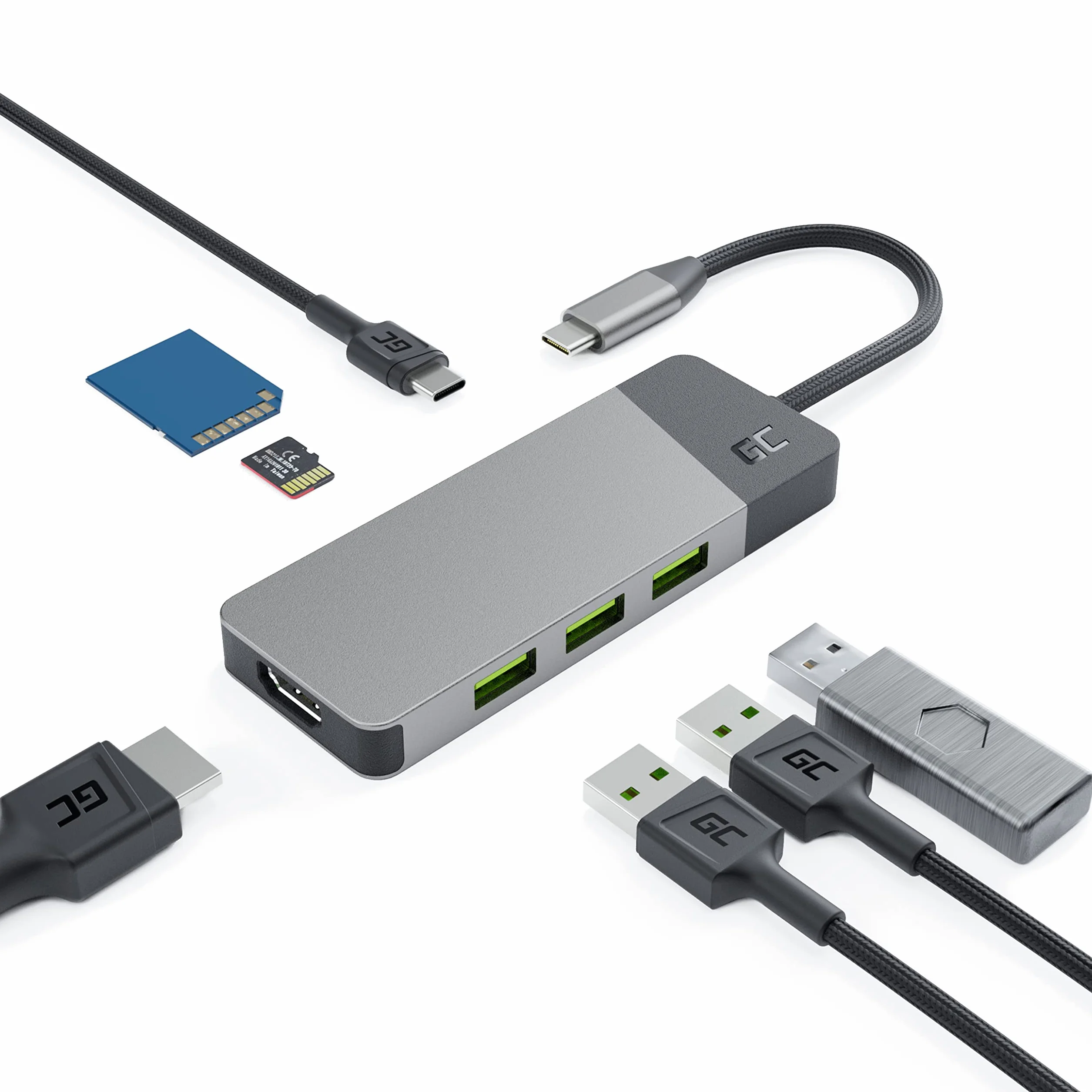 Green Cell Connect USB C HUB 7 w 1 USB-C Multiport adapter z USB typu C na HDMI 4K, USB-C 85W, SD, TF, 3X USB 3.0 Power Delivery do MacBook Pro, Air, Dell XPS, Lenovo Thinkpad, HP laptopów i innych