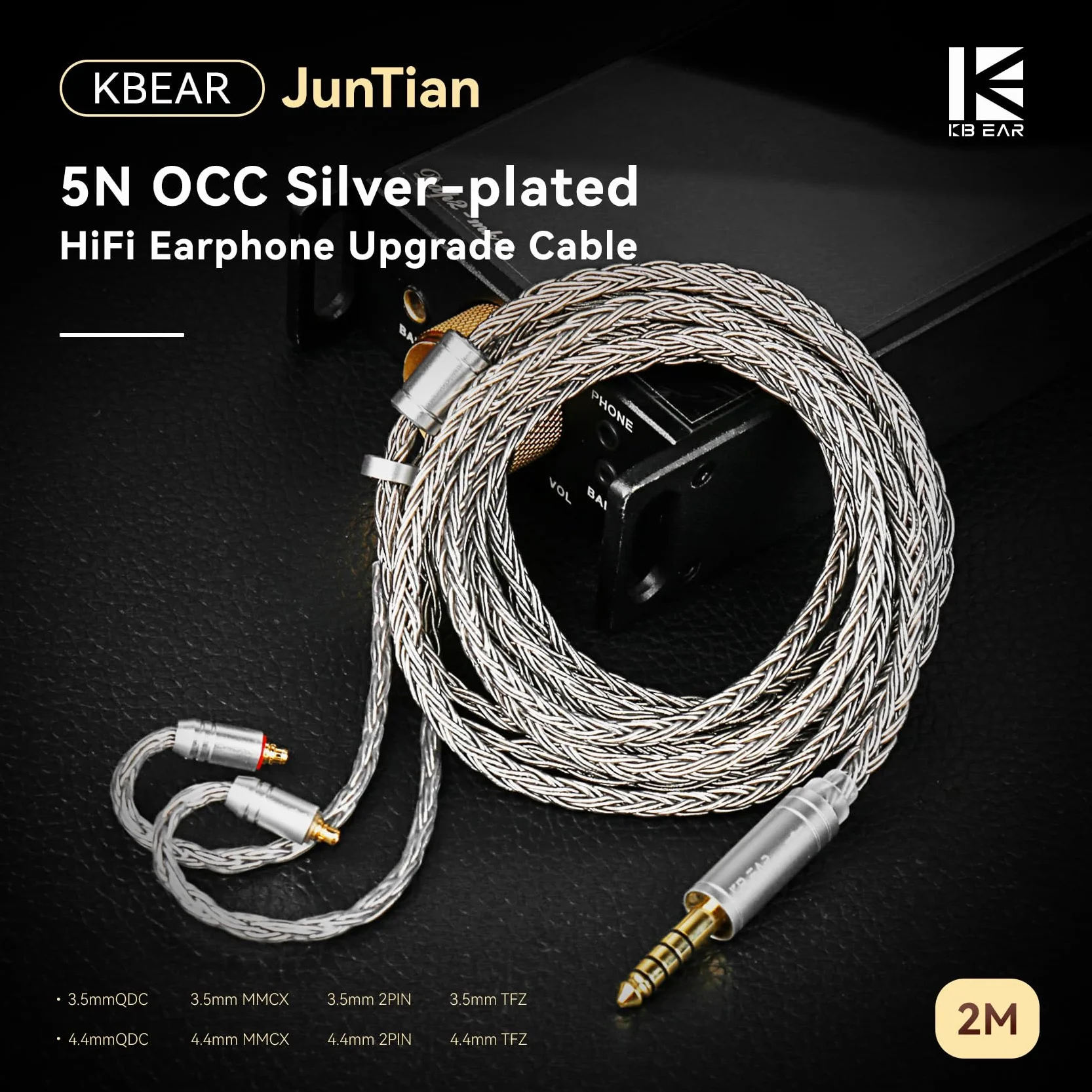 Kabel MMCX-In-Ear do monitora o długości 2 m, KBEAR ST24 Plus IEM, 16-żyłowy 5N OCC posrebrzany do Shure SE215, SE215 Pro, SE846, SE315, SE425, SE535 (MMCX, gniazdo 3,5 mm)