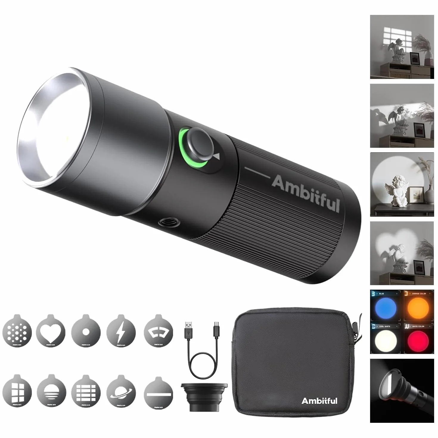 AMBITFUL Ręczna latarka fotograficzna LED, 4 kolory, przenośny reflektor fotograficzny z 20 gobo, 8400 mAh stop aluminium ładowalne światło wypełniające, wideo, tworzenie treści