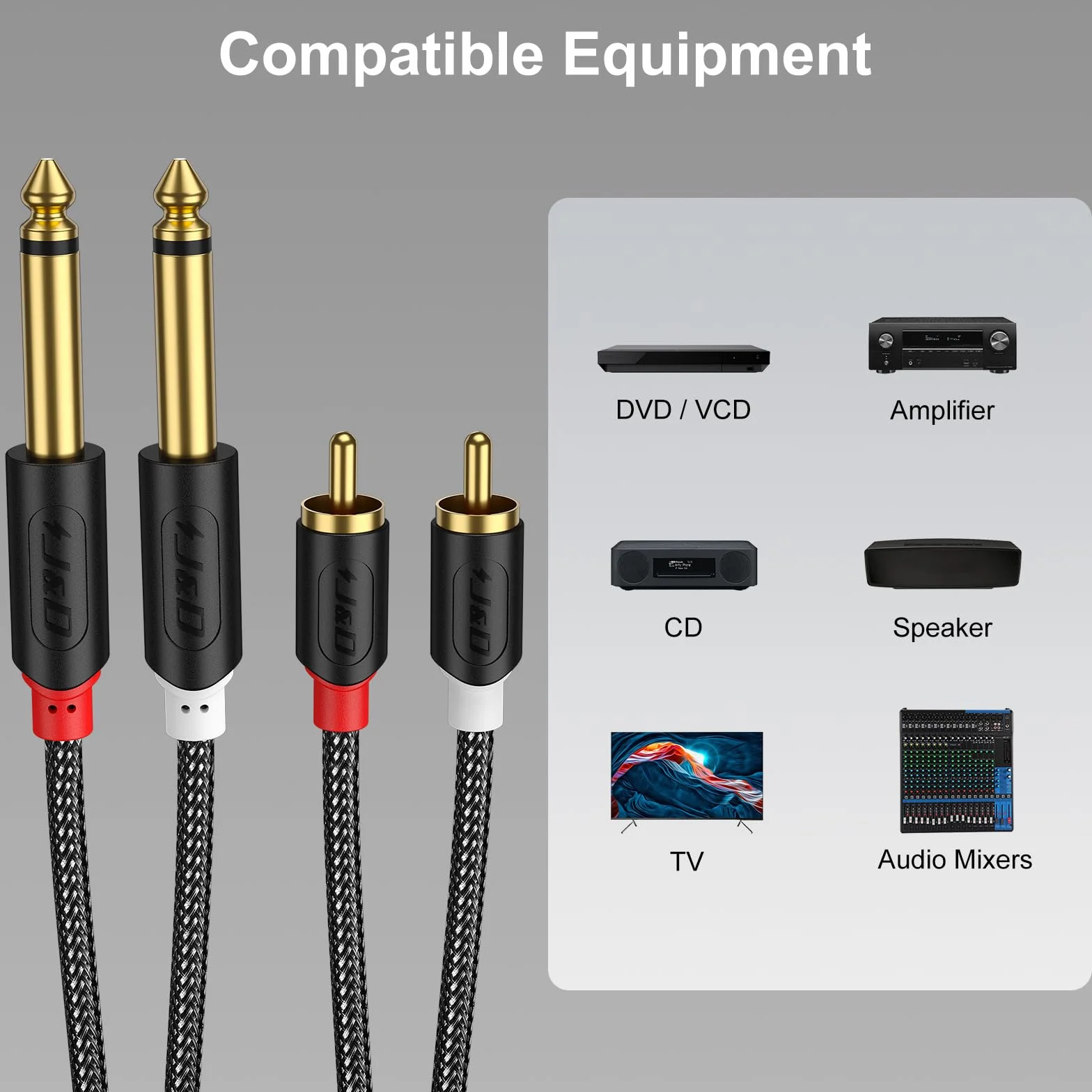 J&D 2 x kabel 6,35 mm do 2RCA, pozłacany [seria AudioWave] 2 x 6,35 mm 1/4" męski TS do 2 RCA, męski adapter audio, kabel rozdzielający Y z powłoką PCW i nylonową plecionką - 0,9 m
