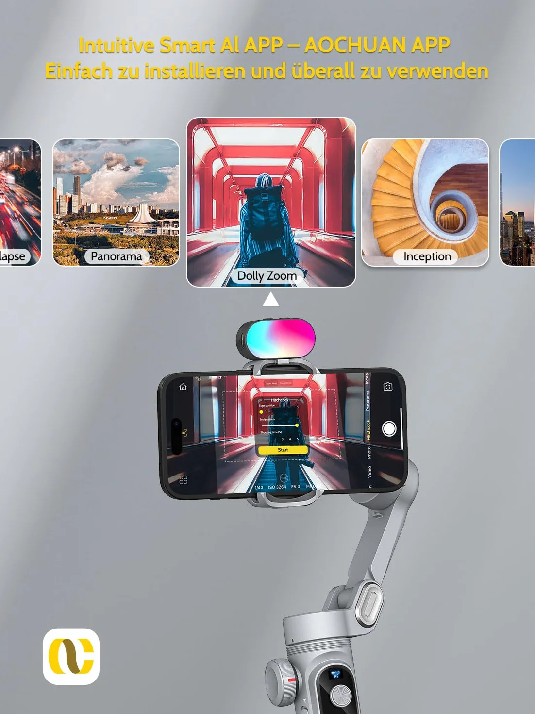 Stabilizator gimbala do smartfona, zestaw magnetycznych świateł uzupełniających RGB, wyświetlacz OLED, koło ostrości światła, profesjonalny 3-osiowy stabilizator do Androida i iPhone'a, zestaw AOCHUAN