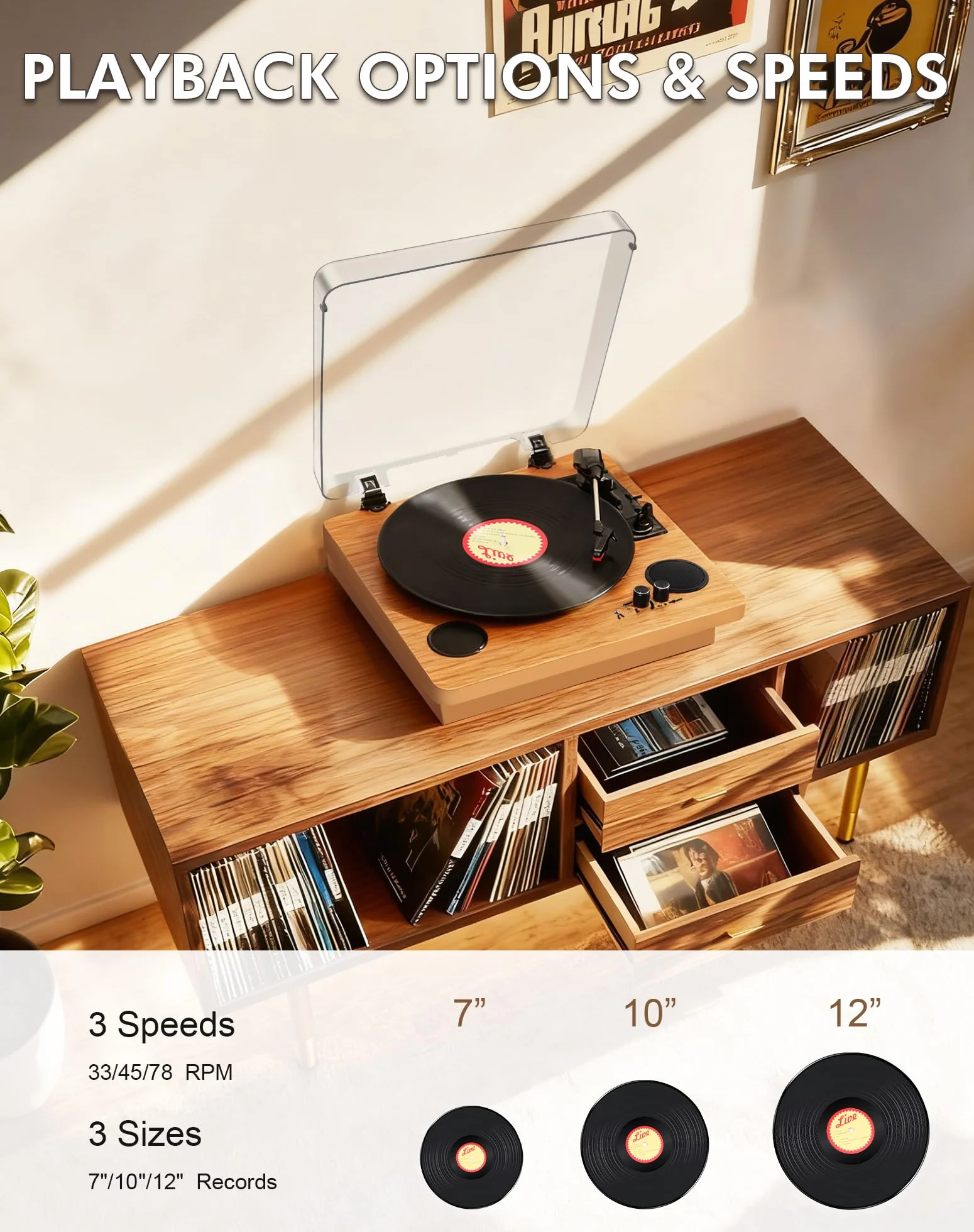 VIFLYKOO Gramofon Bluetooth 5.4,Gramofon z 2 Głośnikami Stereo, Bezprzewodowy 3-biegowy 33/45/78 obr./min, Retro Gramofony Obsługuje Wejście Słuchawkowe/Wejście AUX/Wyjście RCA/USB