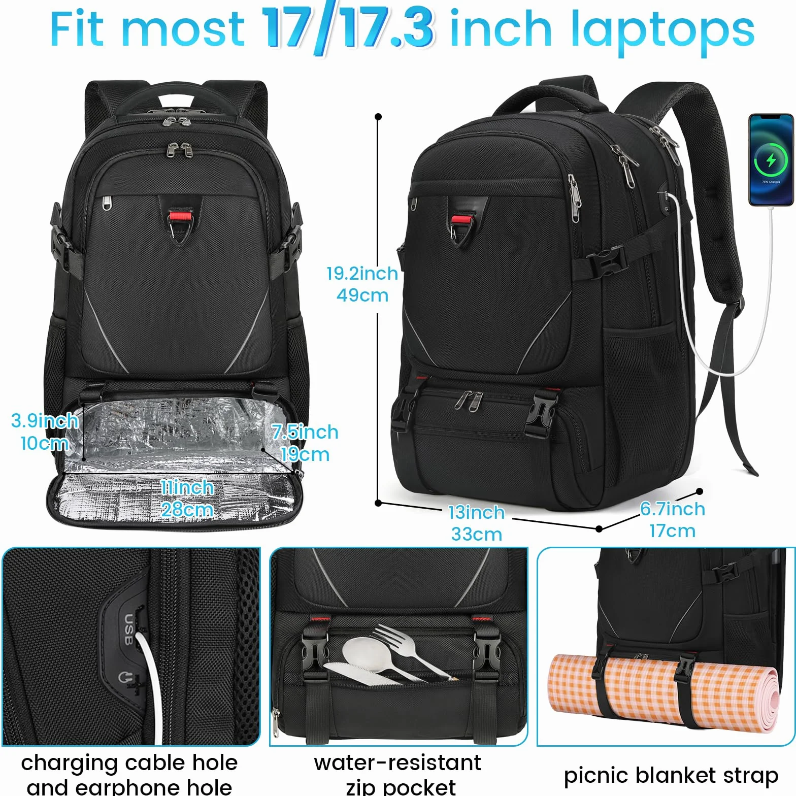 RAINSMORE Plecak na laptopa 17,3 cala, lunch, plecak szkolny, plecak do pracy, z izolowaną komorą chłodzącą, biznesowa, podróżna, torba na notebooka, dla mężczyzn, kobiet, chłopców, nastolatków
