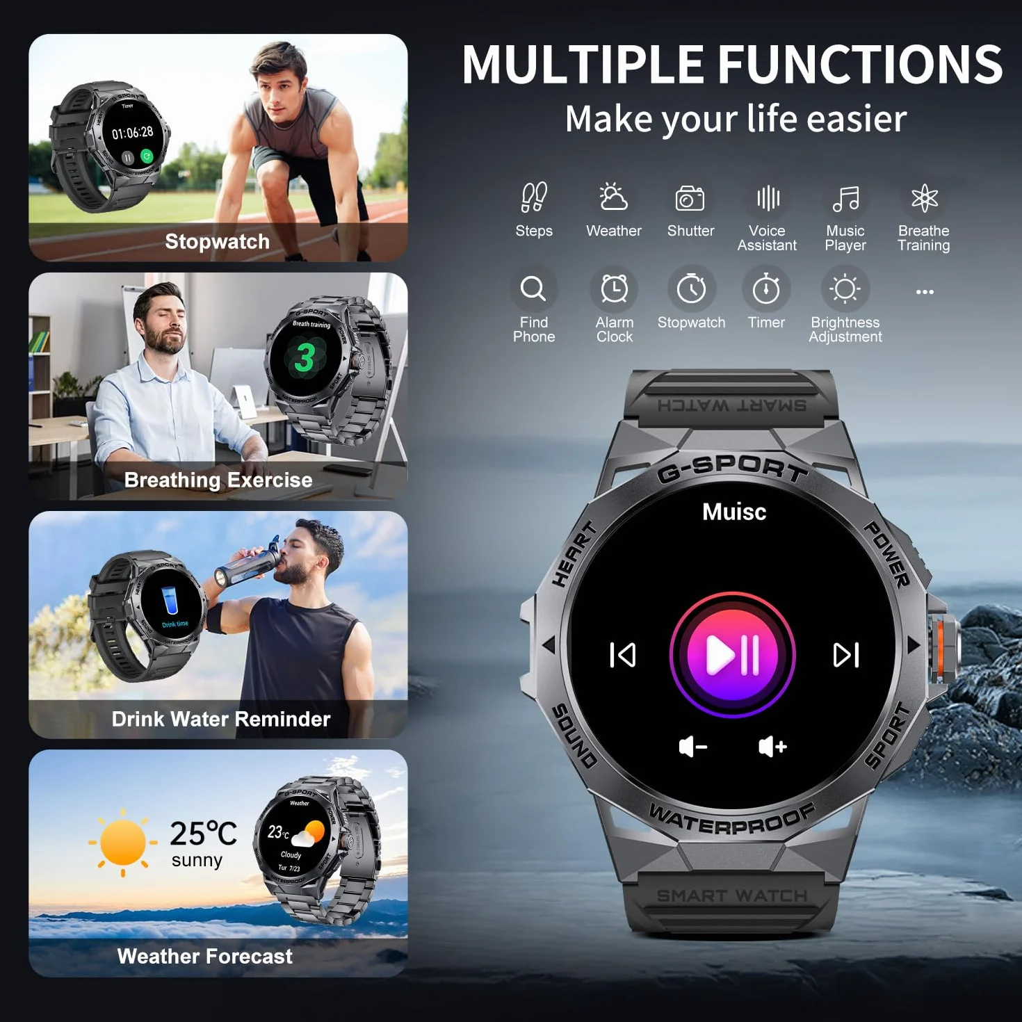 LIGE Męski smartwatch, przełączanie/odbieranie połączeń, 400 mAh, 1,43" AMOLED Smartwatch z pulsometrem i monitorem snu, inteligentny zegarek dla systemu Android iOS czarny pomarańczowy