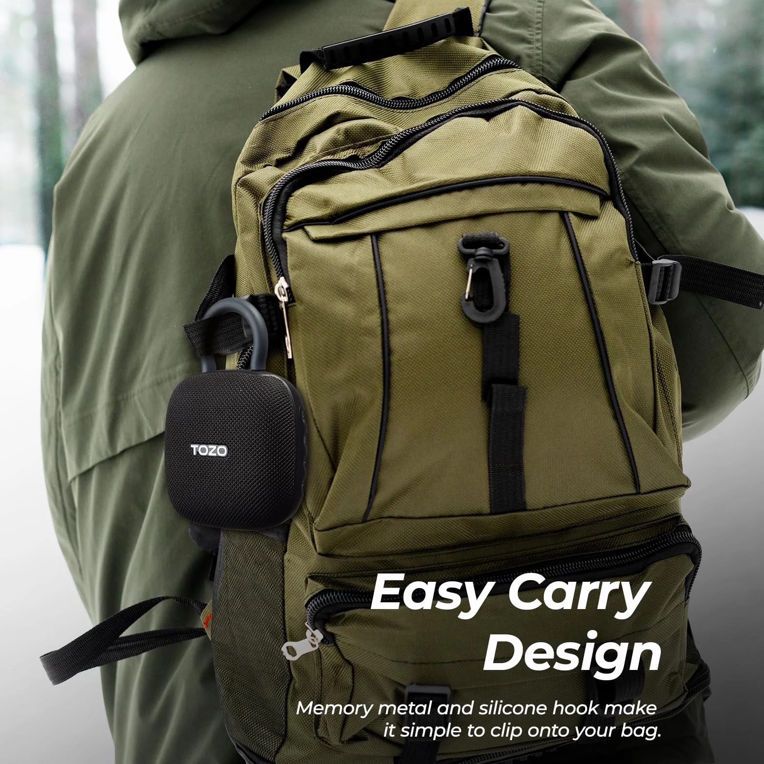 TOZO PE1 Przenośne głośniki Bluetooth z regulowanym karabińczykiem, bezprzewodowy mini głośnik prysznicowy Bluetooth z IPX8, wodoodporny, 32H Playtime Punchy Bass Audio Speaker do domu, podróży