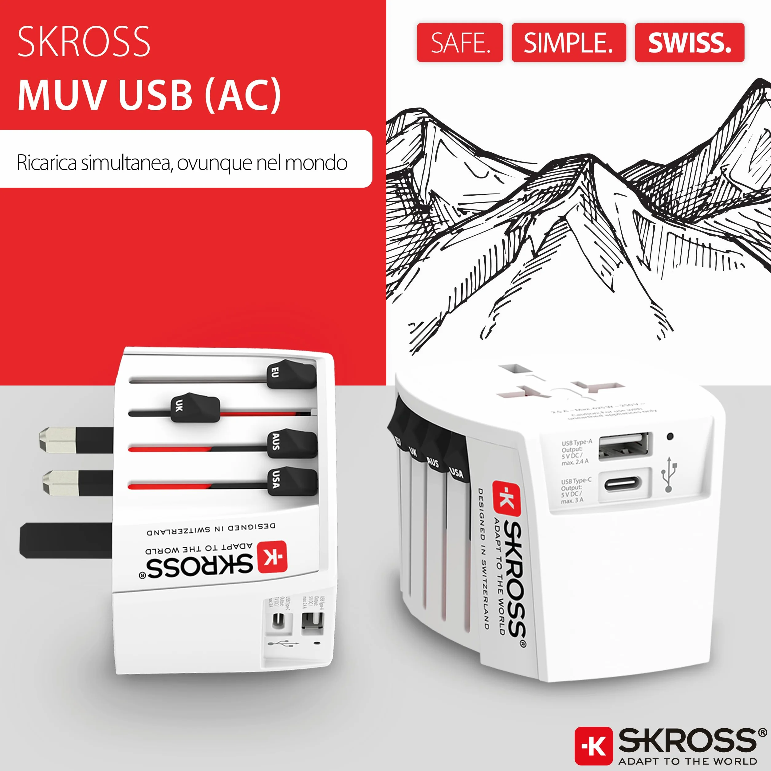 SKROSS | 1.302962 | MUV USB (AC) | Universele 2-pins reisadapter met 2 USB. Spanning en vermogen: 100V - 250W / 250V - 625W - 1 x USB C: 3,0A, 1 x USB A: 2,4A. Bescherming tegen elektrische schokken