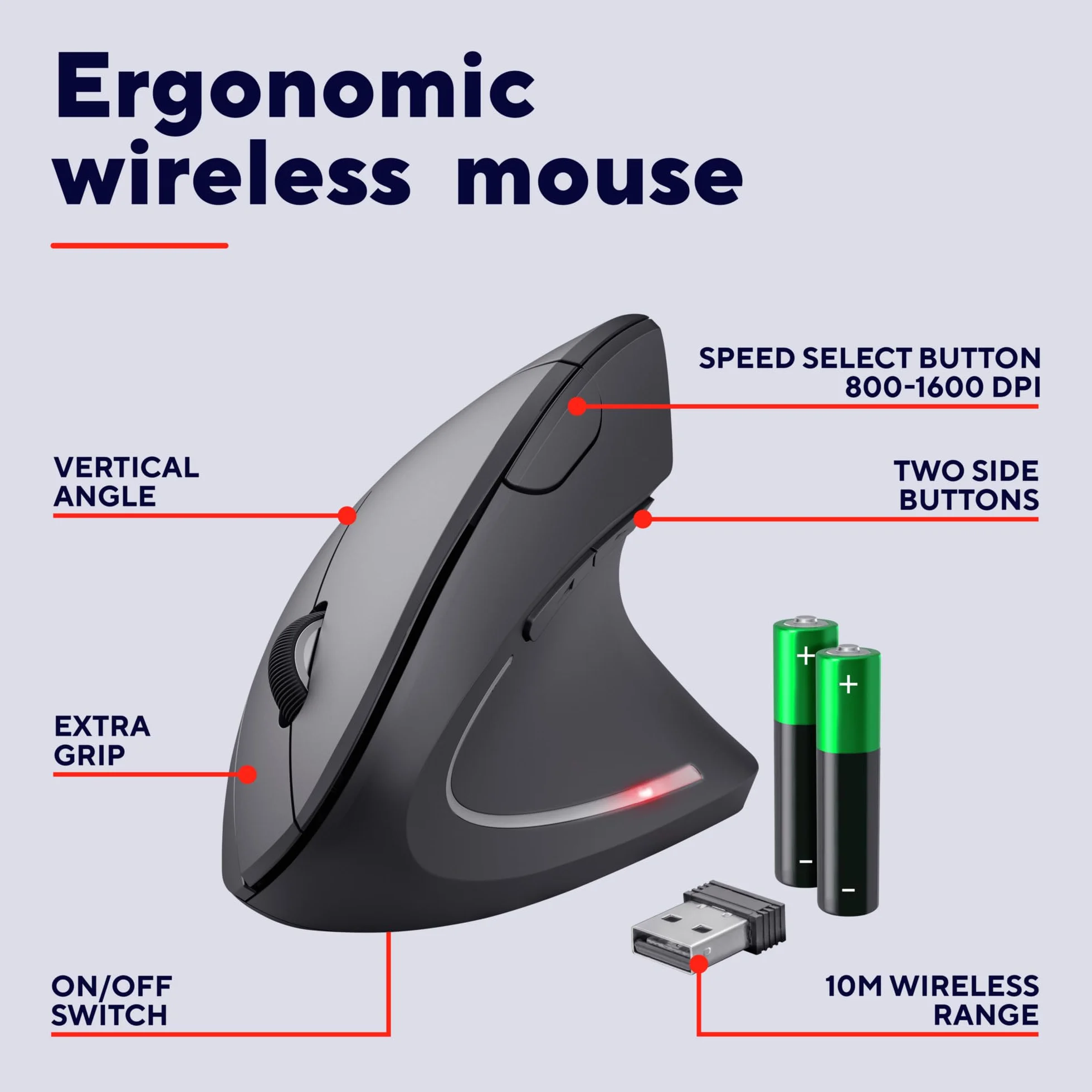 Trust Verto Verto Vertical Mouse, 800-1600 DPI, ergonomiczna mysz, praworęczna, bezprzewodowa mysz LED, 6 przycisków, RF 2.4GHz, odbiornik USB, dla komputerów Mac, PC, laptop, baterie w zestawie