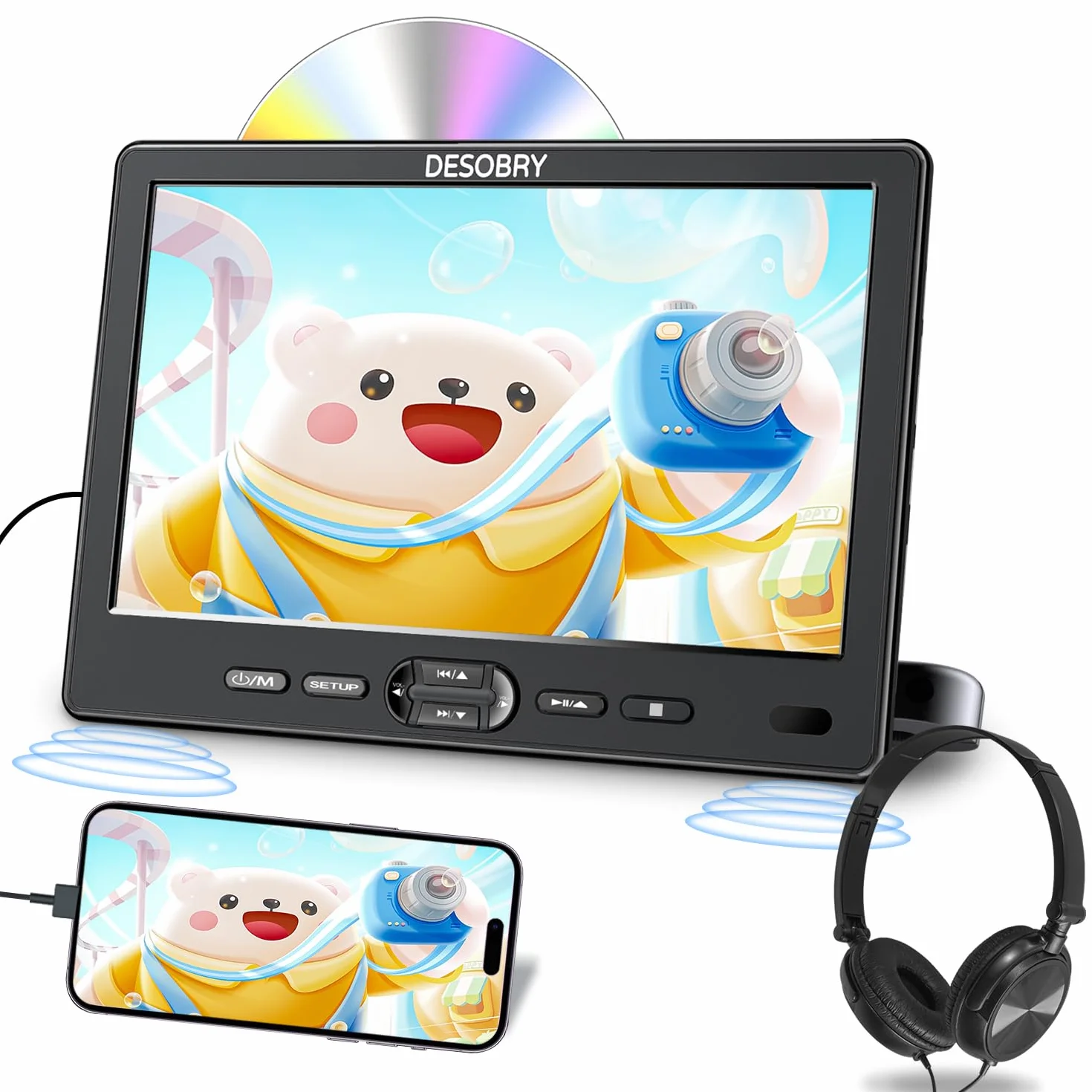 DESOBRY 10,5-calowy samochodowy odtwarzacz DVD z mocowaniem na zagłówek, przenośny samochodowy odtwarzacz DVD ze słuchawkami, wejście płyty z przyssawką, obsługa wideo 1080P, wejście HDMI