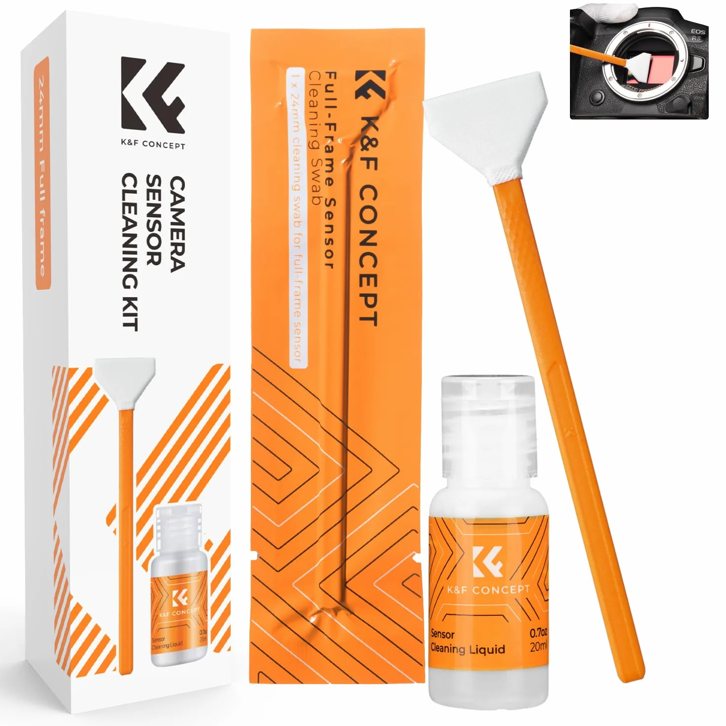 K&F CONCEPT Zestaw do czyszczenia czujników z 6 elementami z mikrofibry 24 mm do kamer pełnoklatkowych i 20 ml płynnego środka czyszczącego do lustrzanek cyfrowych, filtrów obiektywów