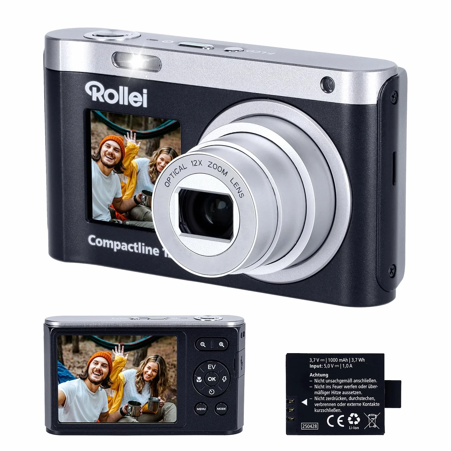 Kompaktowy aparat cyfrowy 64 MP 4K Rollei Compactline 12X cyfrowy aparat z zoomem optycznym 12 x kamera vlog z podwójnym przenośnym ekranem dla początkujących nastolatków, aparatów cyfrowych i