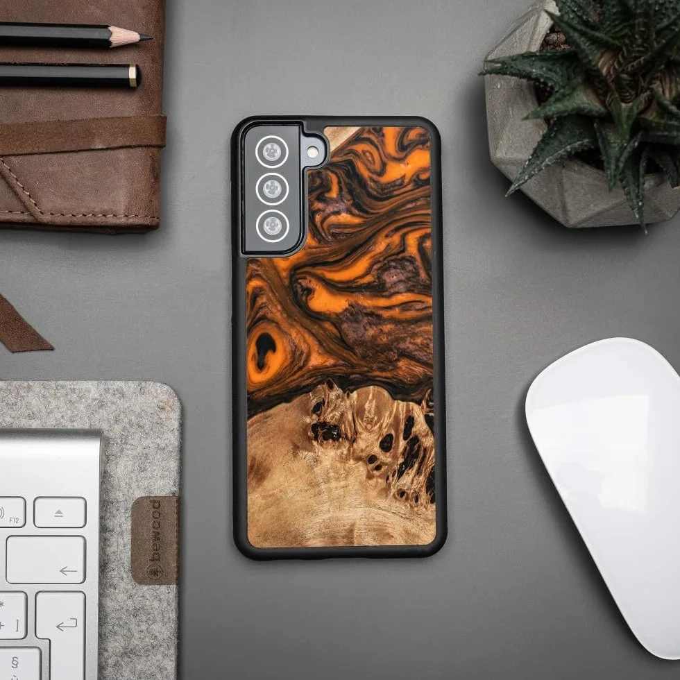 Unikalne etui ochronne z prawdziwego drewna, kompatybilne z Samsung Galaxy S21 FE, naturalne drewno, ręcznie wykonane, odporne na uderzenia, matowe polerowanie, pomarańczowy motyw
