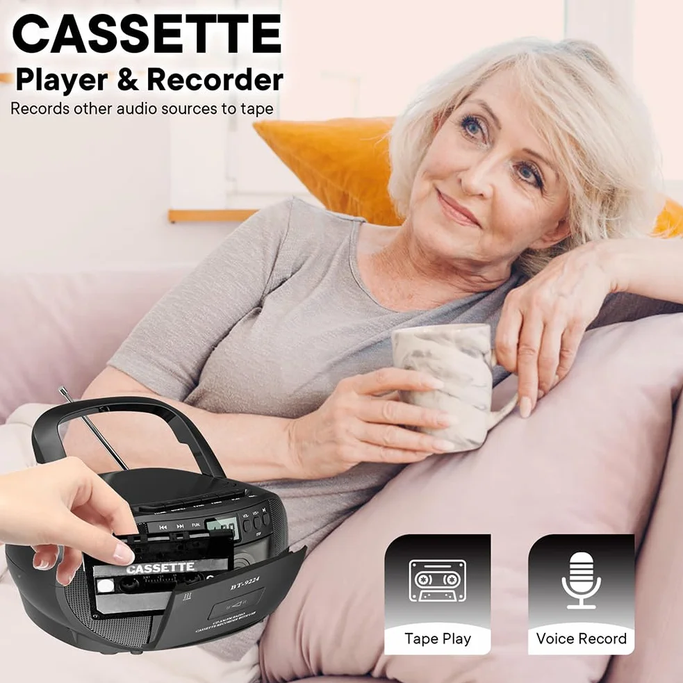 Przenośny radiowy odtwarzacz CD, głośnik Bluetooth z odtwarzaniem USB, Boombox AM/FM, pilot zdalnego sterowania, zasilany prądem zmiennym / bateryjnym