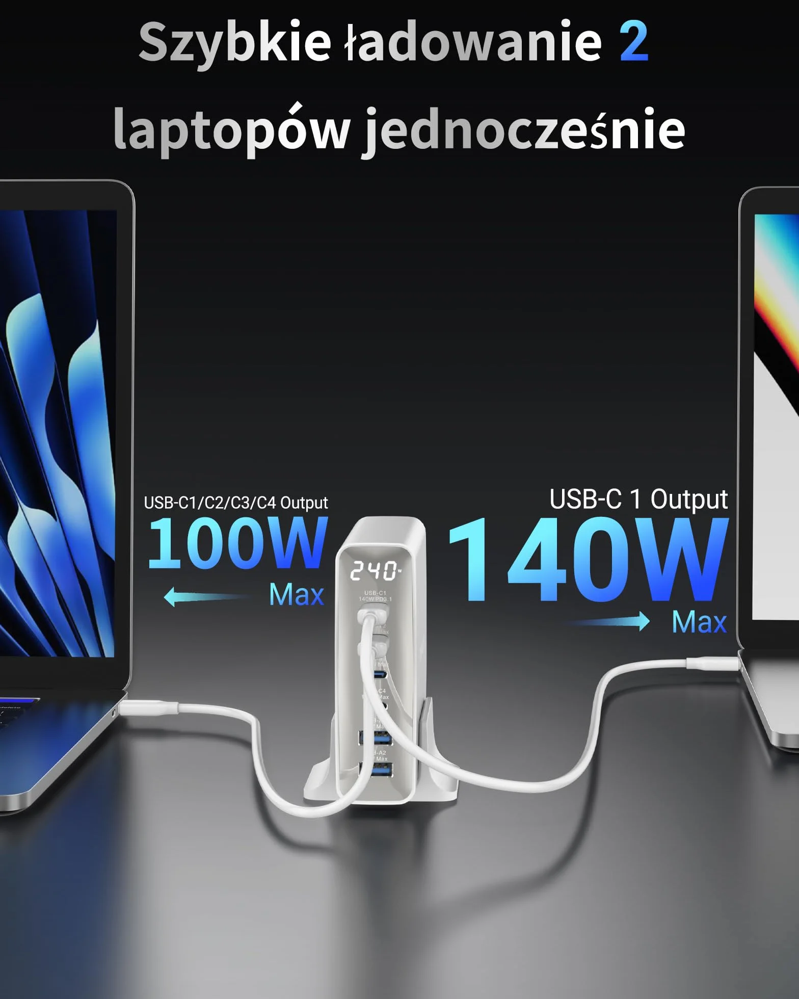 Ładowarka USB C 240W, 6 portów, Ładowarka PD3.1 GaN z wyświetlaczem LED, Stacja Szybkiego Ładowania na Biurko do MacBook Pro/Air, do iPhone Pro/iPad Pro/Dell XPS/Galaxy/laptopów i innych, Biały