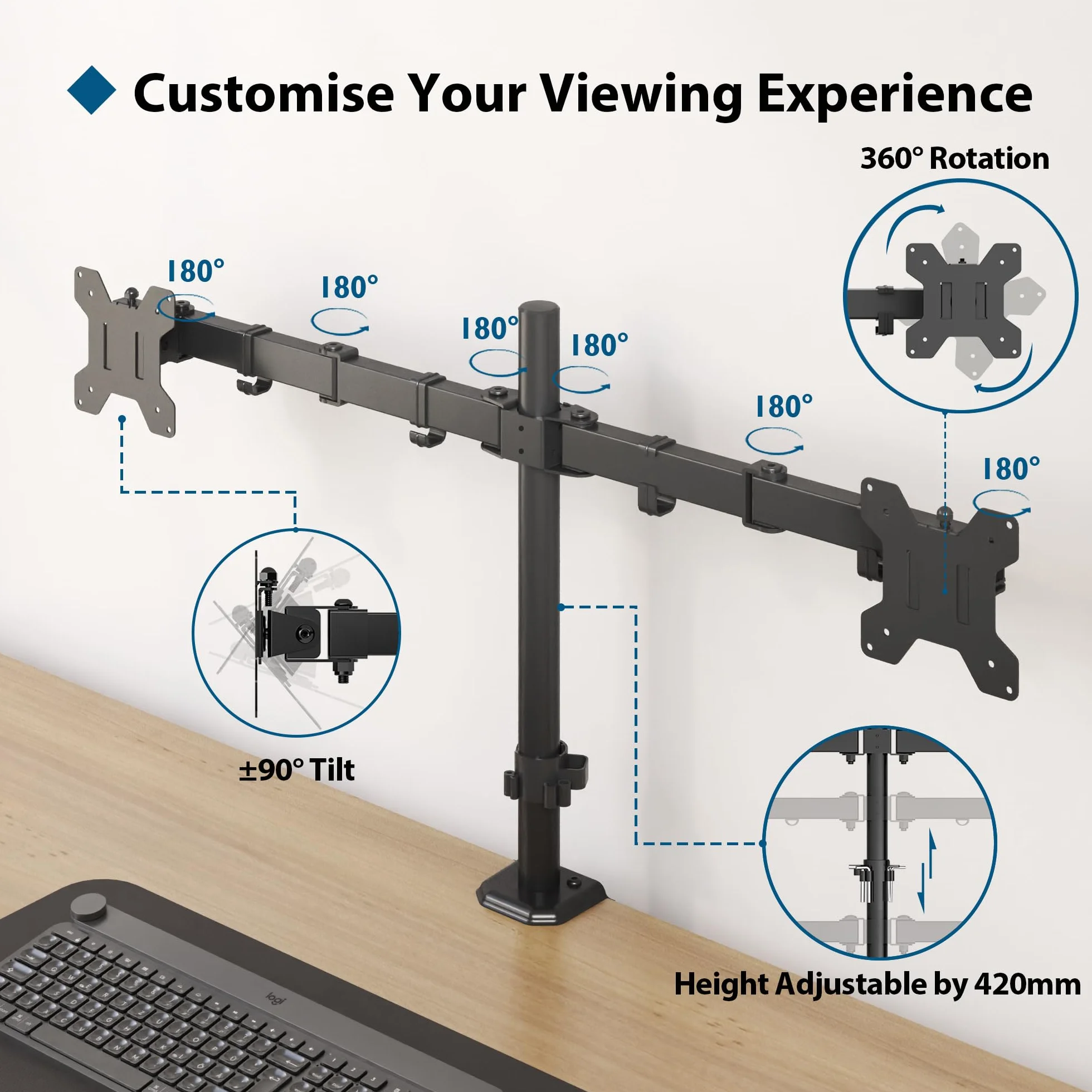 BONTEC uchwyt na 2 monitory 13-27 cali, regulacja wysokości, wychylny, obrotowy stojak na biurko, ergonomiczny uchwyt do monitora, VESA 75/100 mm, maks. 8 kg, czarny