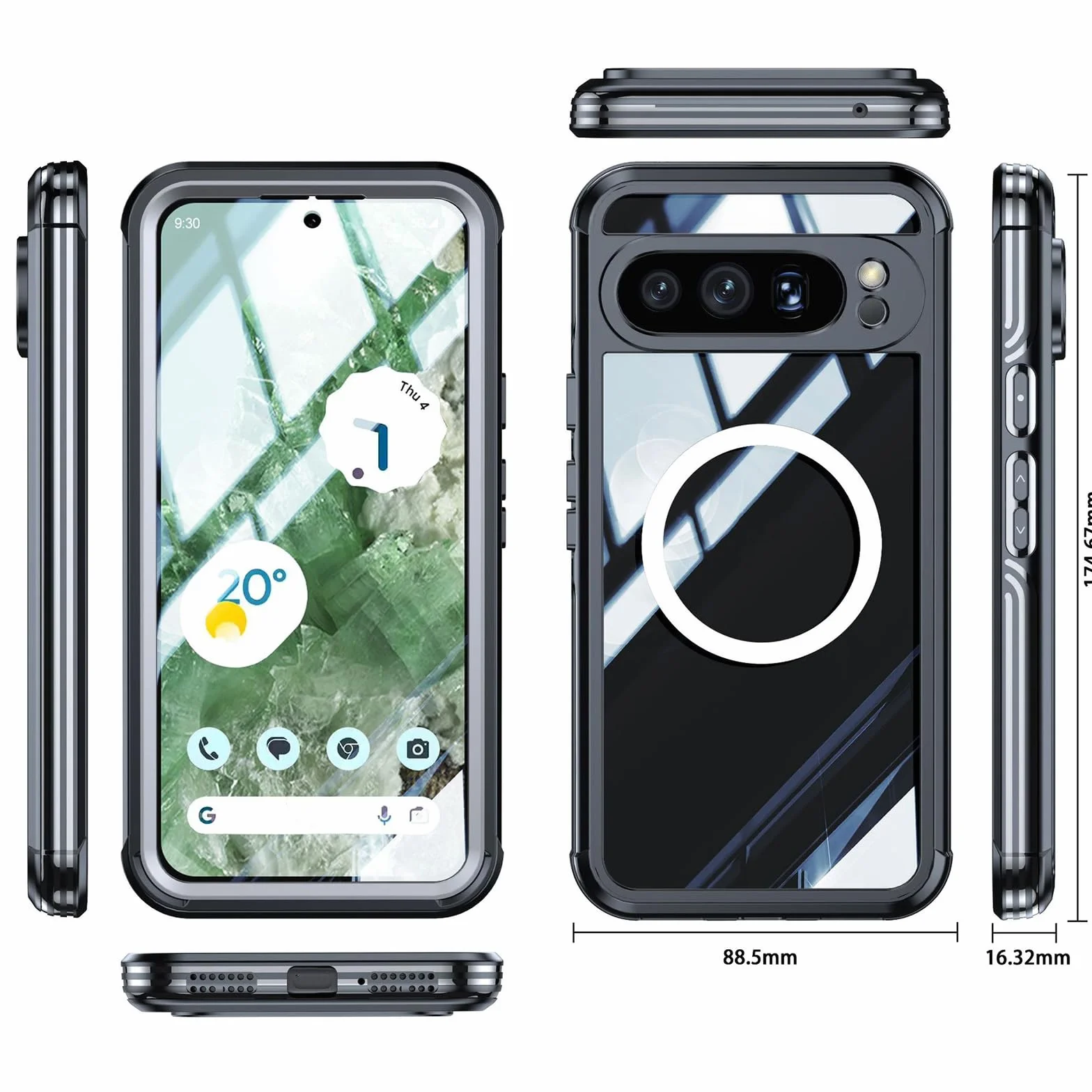 Etui magnetyczne do Google Pixel 9 Pro/9 Pro XL/9, przezroczyste etui chroniące całą obudowę telefonu komórkowego z ochroną ekranu ze szkła hartowanego, zielone, 9