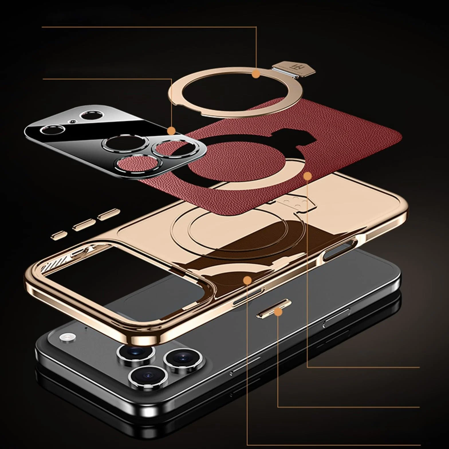Generic etui kompatybilne z iPhone 17 Pro (kolor: czerwony) wysokiej jakości skórzany pierścień twardy tył silikonowy futerał