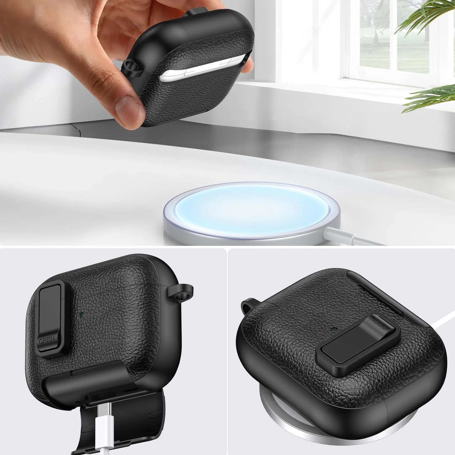 Ysnzaq Etui do AirPods Pro 3. generacji z klipsem blokującym i funkcją stojaka, skóra tekstura odporne na uderzenia etui ochronne z karabińczykiem do AirPod Pro 3 2025-PWZ Army Green