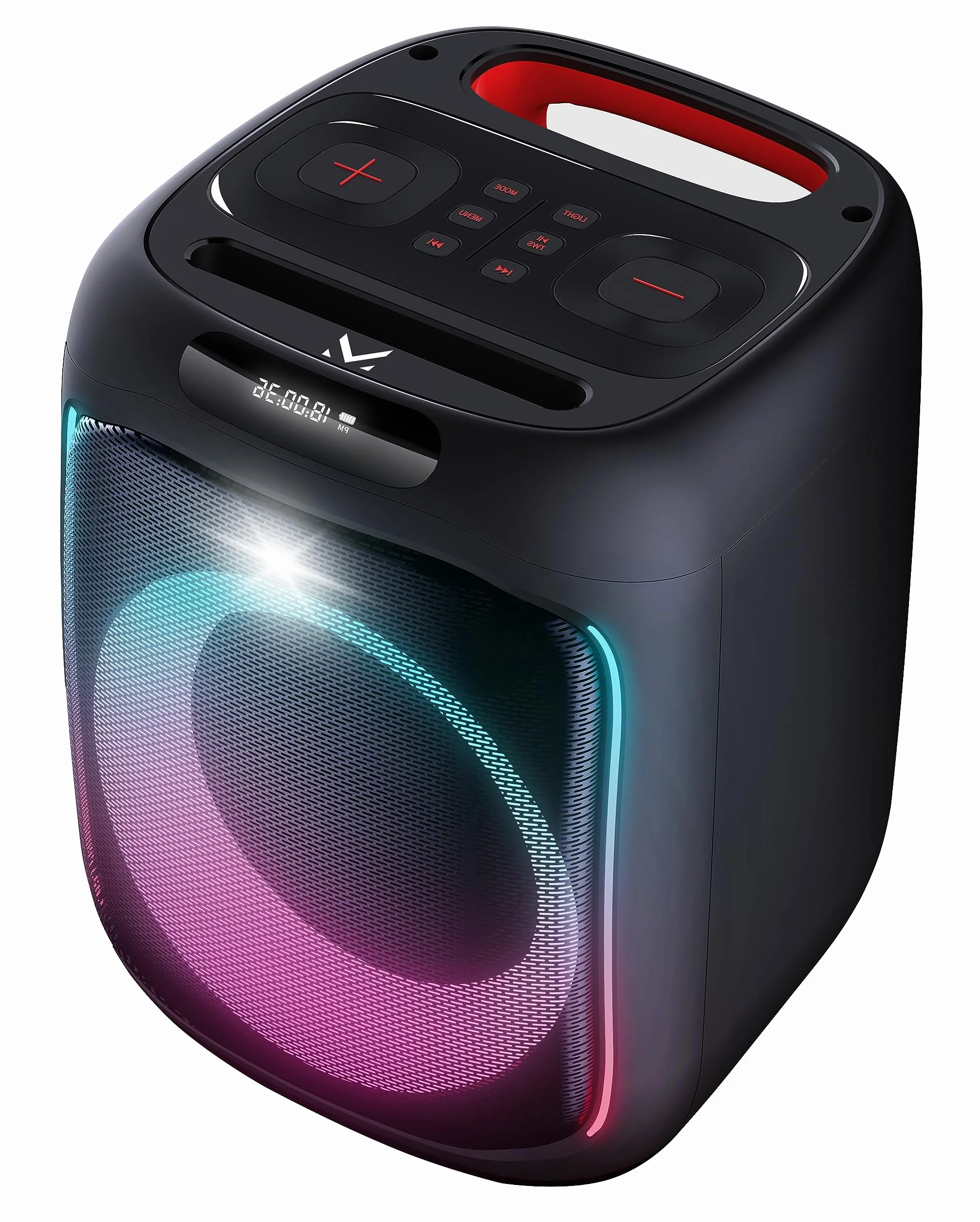 Majestic FIRE 12 głośnik Bluetooth, wielokolorowe diody LED, wejścia USB/microSD/AUX-IN/MIC, mikrofon przewodowy, akumulator, TWS, uchwyt do noszenia