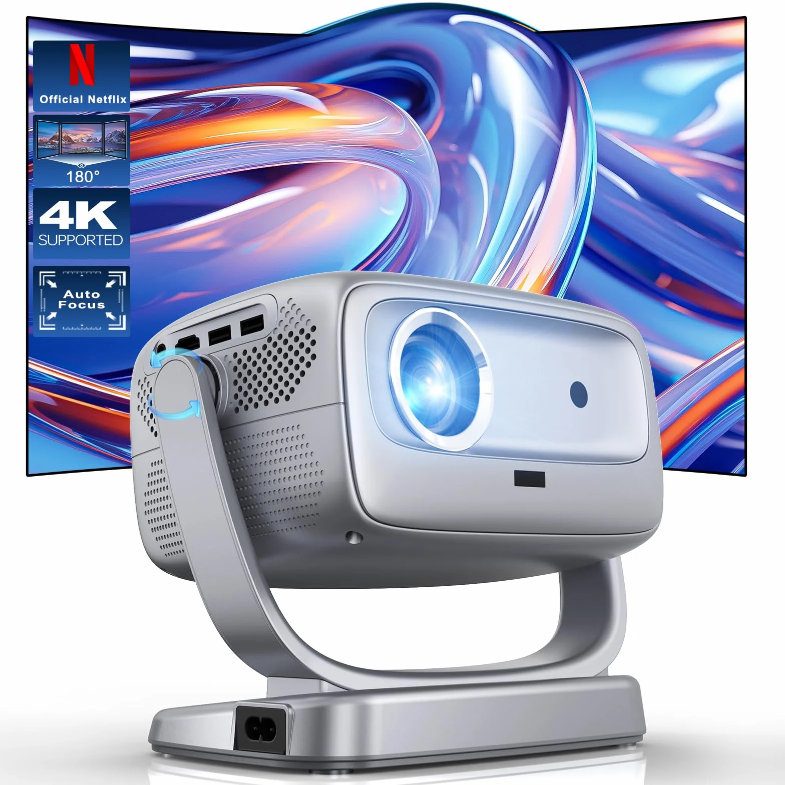 Bezprzewodowy projektor WiFi i przenośny projektor Bluetooth: [autofokus/Keystone/obsługa 360°] Smart TV 4K Projektor filmowy z licencjonowanymi aplikacjami Netflix 850 ASIN
