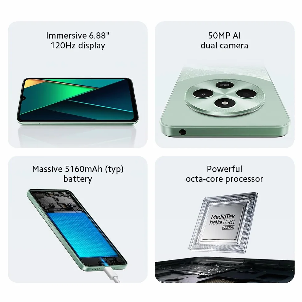 Xiaomi POCO C75 4G zielony smartfon 8 + 256 GB, 2,0 GHz, wciągający wyświetlacz 17.5 cm, masywna bateria 5160 mAh, przezroczysty podwójny aparat AI 50 MP, potężny ośmiordzeniowy procesor (wersja