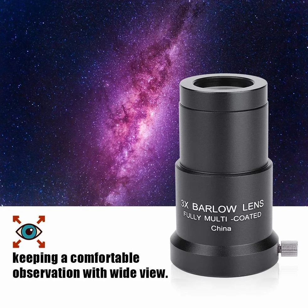 Soczewka Barlowa 3X 1,25 cala, w pełni wielowarstwowa soczewka optyczna, w pełni powlekana soczewka Barlowa o wysokiej przepuszczalności, okular teleskopu astronomicznego Soczewka Barlowa