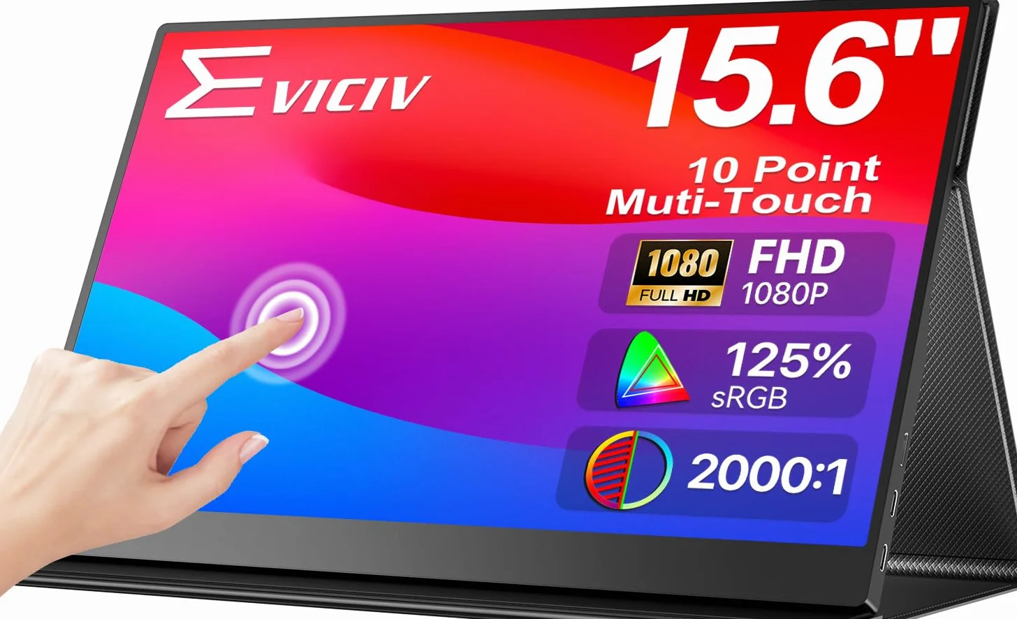 EVICIV Przenośny monitor dotykowy 15,6 cala 125% sRGB 1080P 2000:1 Zewnętrzny mobilny wyświetlacz FHD USB C z HDMI/USB-C do laptopa/komputera/telefonu/konsoli do gier, obsługa VESA