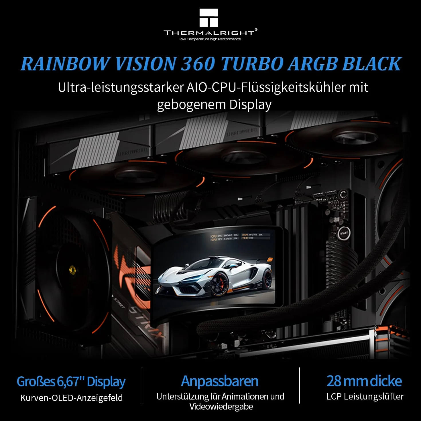 Thermalright Rainbow Vision 360 TURBO ARGB Black chłodnica cieczy CPU, do AM5 / Intel LGA1851 / 1700, 6,67-calowy zakrzywiony ekran magnetyczny przyssawka o rozdzielczości 2400 x 1080