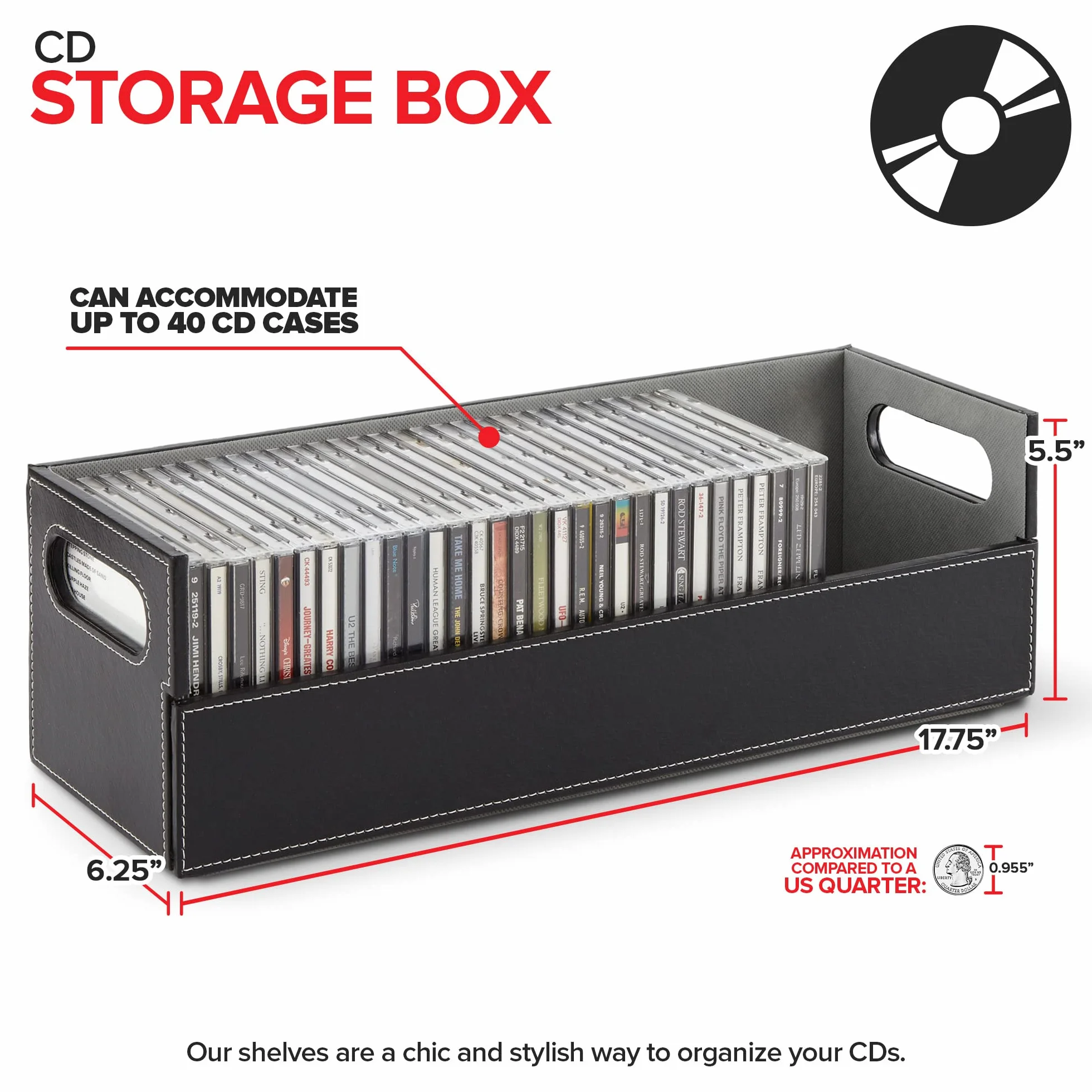 Stock Your Home CD Storage Box, Organizer Shelf for Movie Cases, DVDs, Cassette Tape Display Stand, Disc Holder Can Store Up to 40 CDs, Faux Leather (Black)