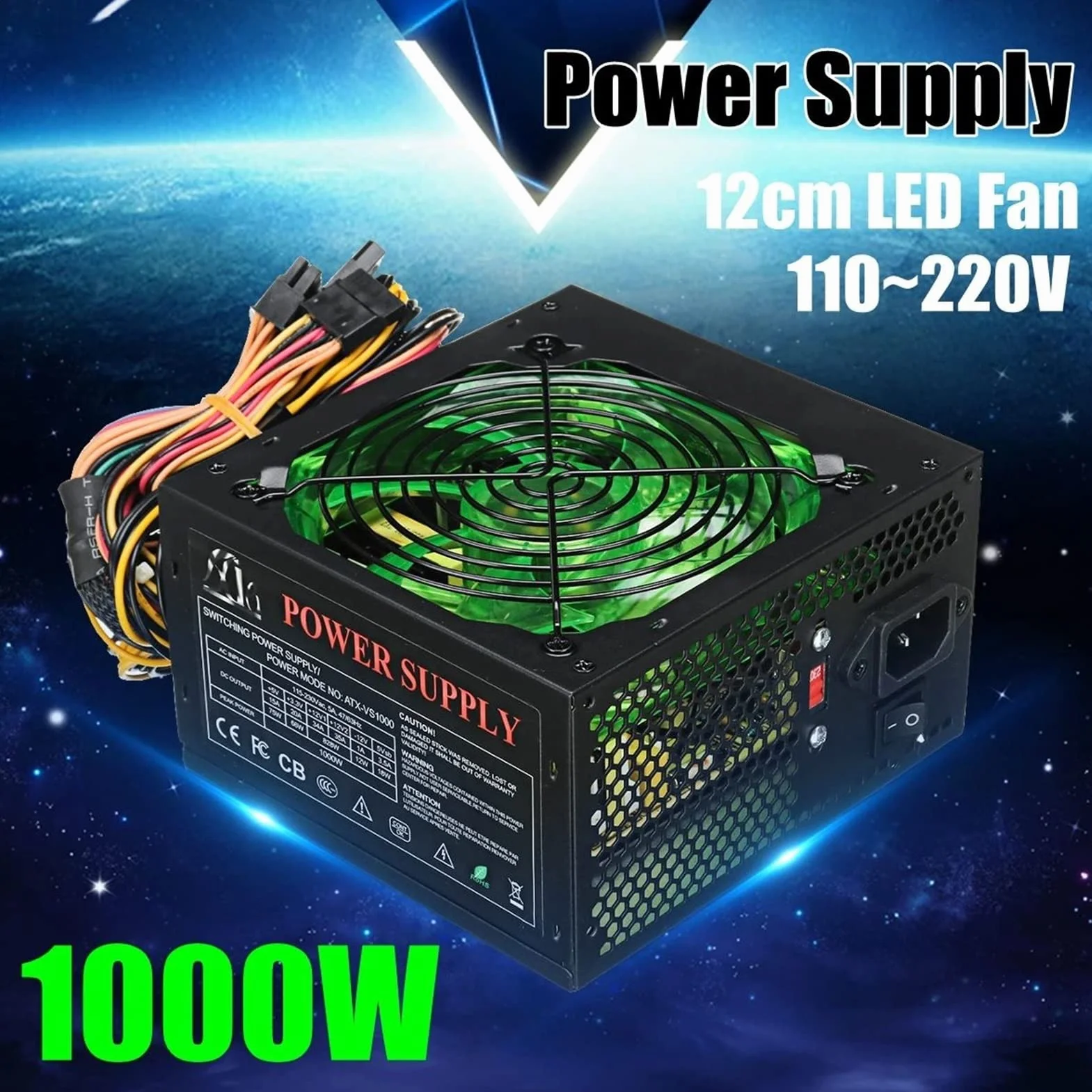 PURYN Zasilacz 1000 W 120 mm wentylator LED 24-pinowy PCI SATA ATX 12 V zasilacz komputerowy do obudowy komputera PC