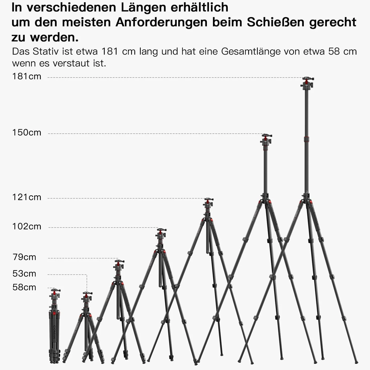 COMAN Statywy trójnożne 183 cm nad kolumną środkową, głowicą kulową 360°, płytą szybkiego montażu Arca i maksymalną nośność 5 kg. Nadaje się do aparatów fotograficznych i lustrzanek.