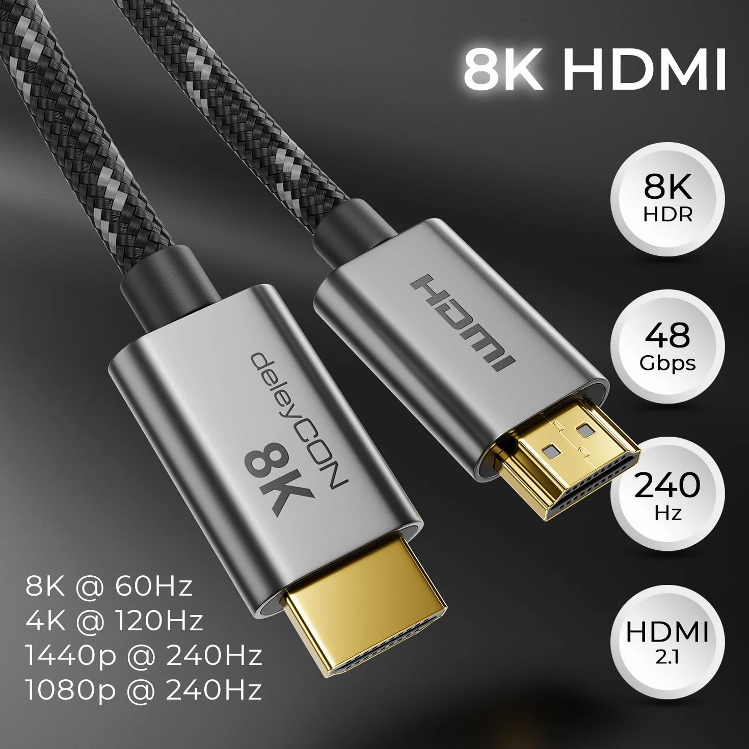deleyCON Kabel HDMI 2.1 8K 5m - do TV, Monitora, PS4, PS5, Xbox, Soundbara Dolby Atmos, EARC, HDR10+ VRR - 48 Gbps Ultra High Speed - 10K/8K@60Hz, 4K@120Hz/144Hz, 2K@240Hz