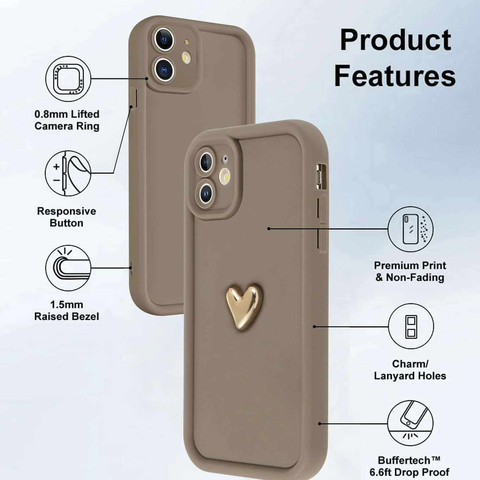 Kueqeay Etui ze smyczą do iPhone'a 11 6,1 cala, miękki silikon estetyczny wzór miłość 3D wzory, uniwersalny regulowany naszyjnik, odporny na wstrząsy futerał ochronny na aparat, brązowy