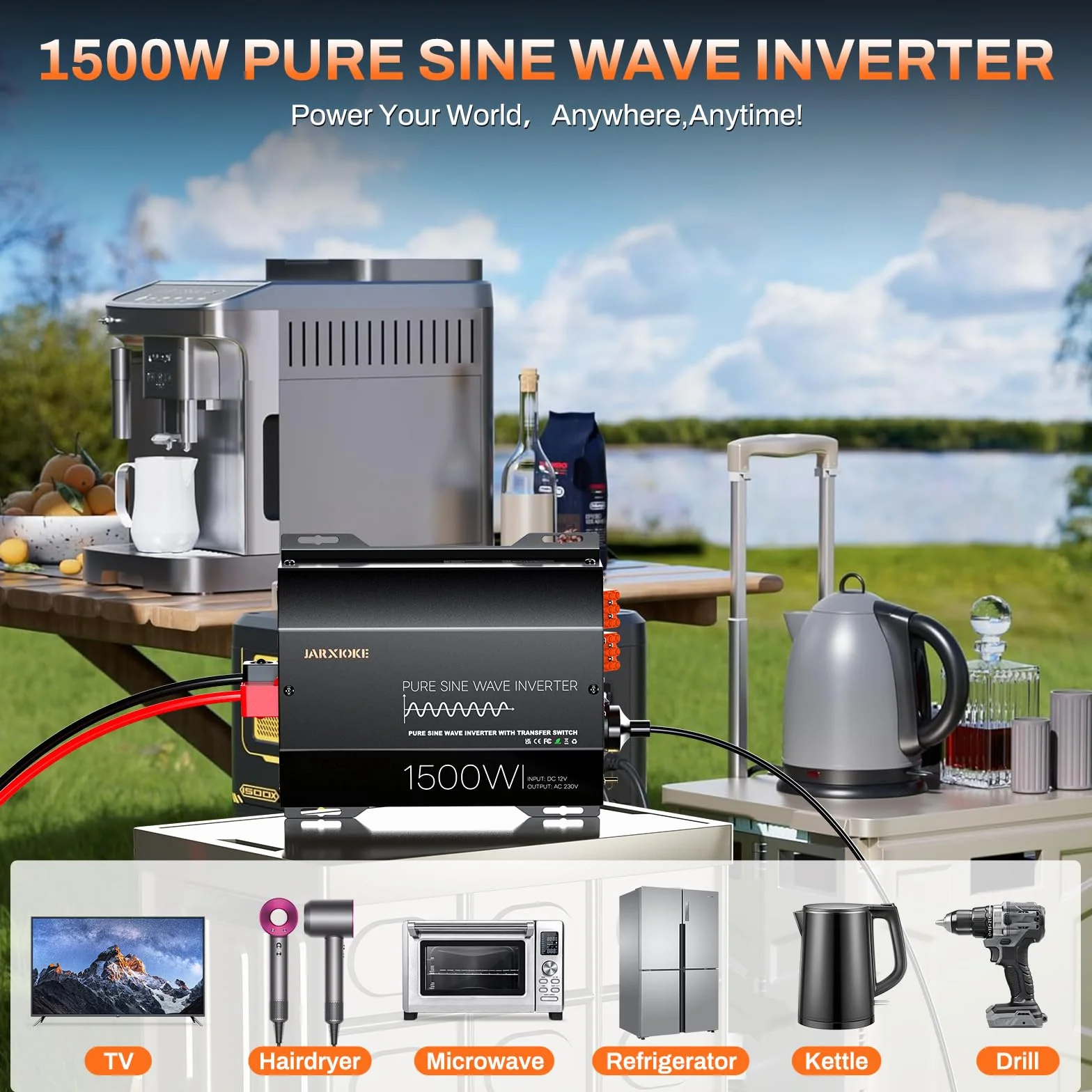 Falownik 12 V na 230 V, czysty sinus 1500 W/3000 W z automatyczną ATS, przełączaniem sieci, LCD i pilotem zdalnego sterowania, do przyczep kempingowych, samochodów ciężarowych, na kemping, zasilanie
